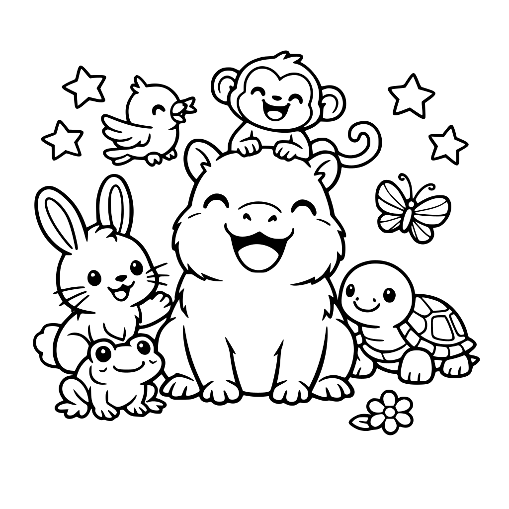 happy beby capybara with other animals.