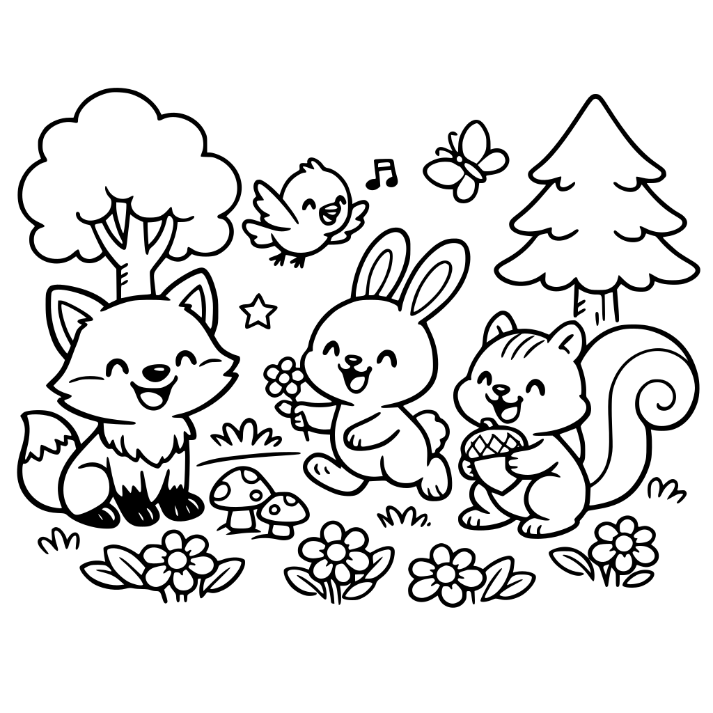 Cute cartoon forest animals for children: a smiling fox, bunny, squirrel, and bird playing together, colorful flowers and trees in the background, bright pastel colors, soft edges, fun and cheerful style, perfect for 6-7 year olds, illustration for kids learning English”