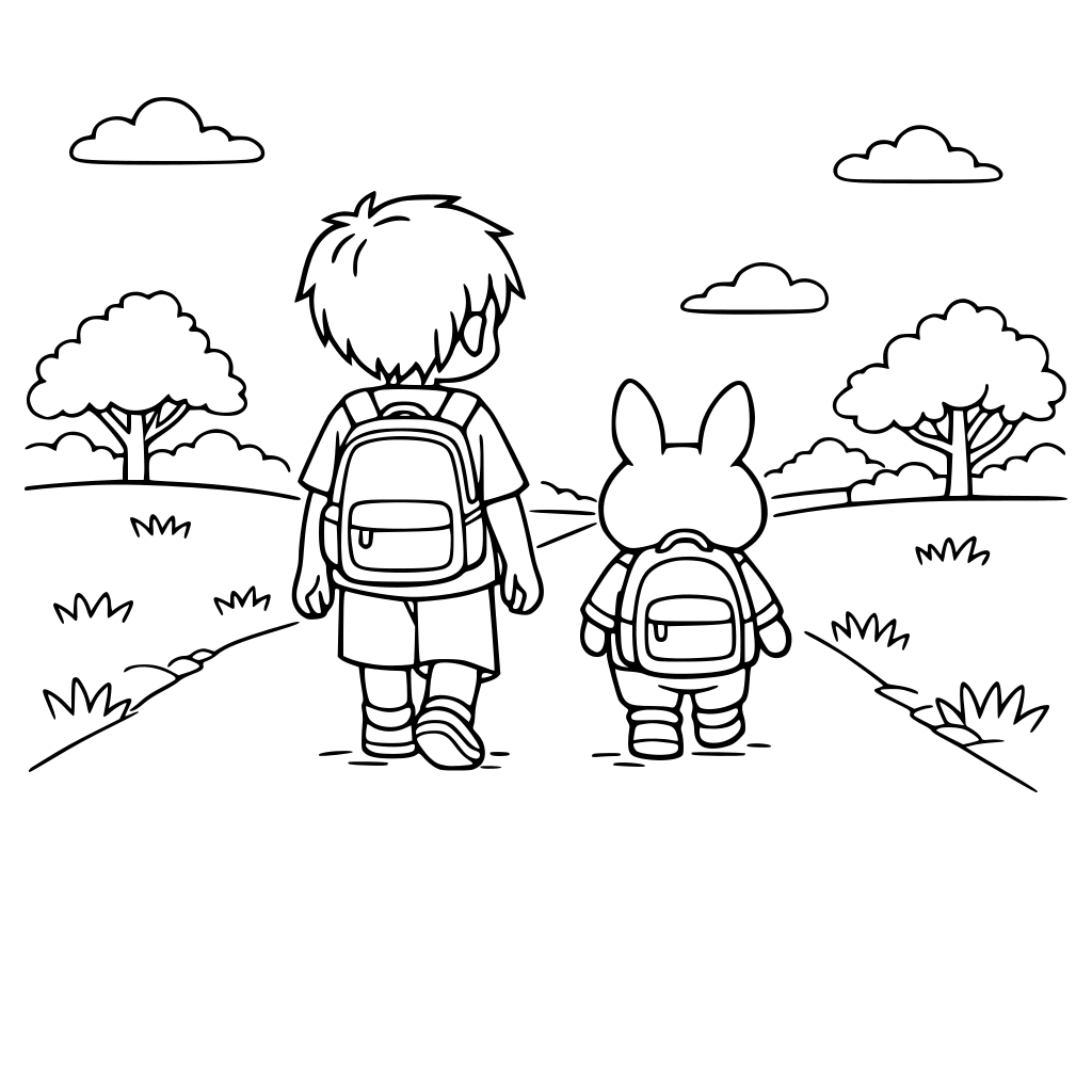 Black-and-white line art. Kocch and Coe walking home from school on a quiet path, backpacks on, relaxed mood. Simple road, trees in background, open sky. Cozy, calm scene. Thin clean outlines, even line weight, no shading, no borders.
