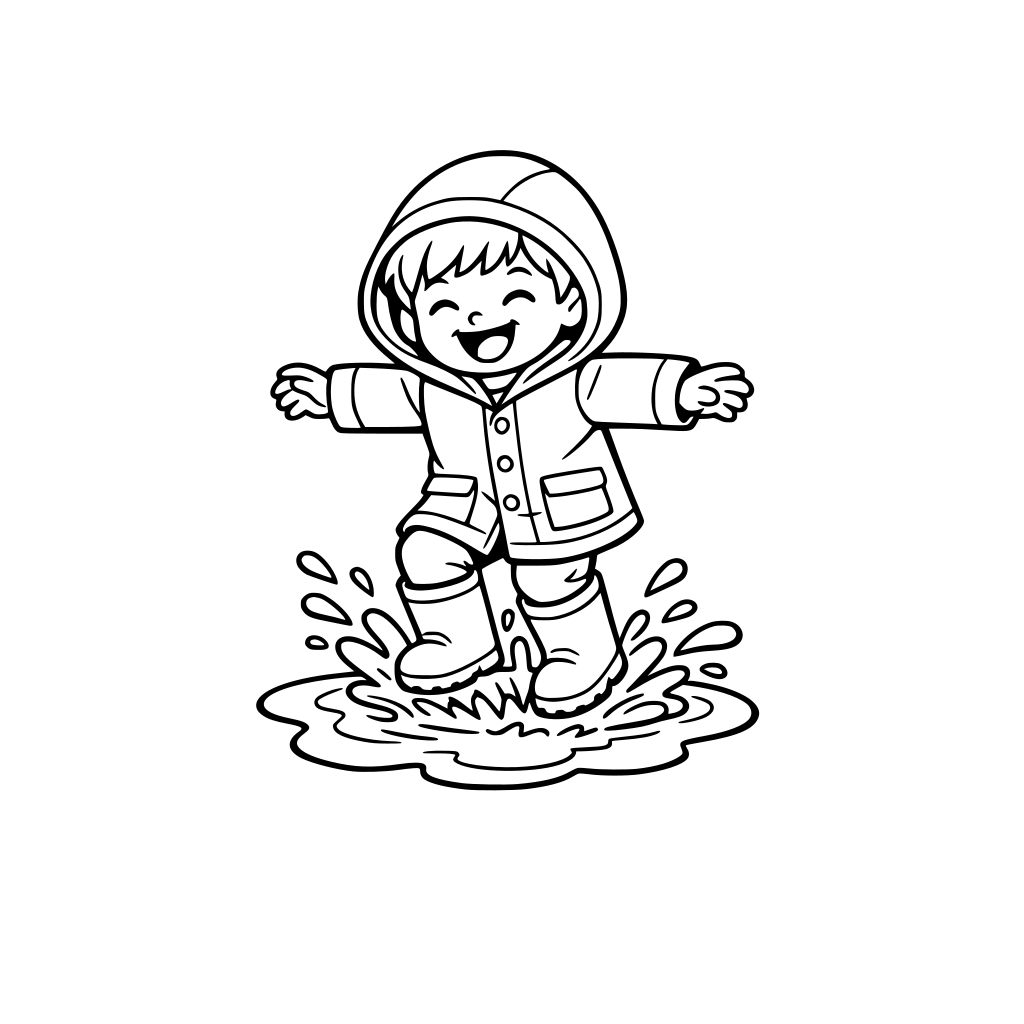 boy in rain boots and rain coat jumping in a puddle
