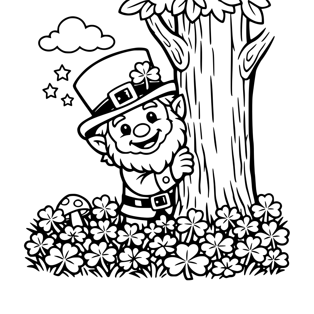 Portrait oriented coloring book page that is black and white with a cute friendly leprechaun. He is peaking out from behind a tree. The grass around the tree has many clovers. Fill the whole page with great detail. Simple art bold and easy cartoon style.
