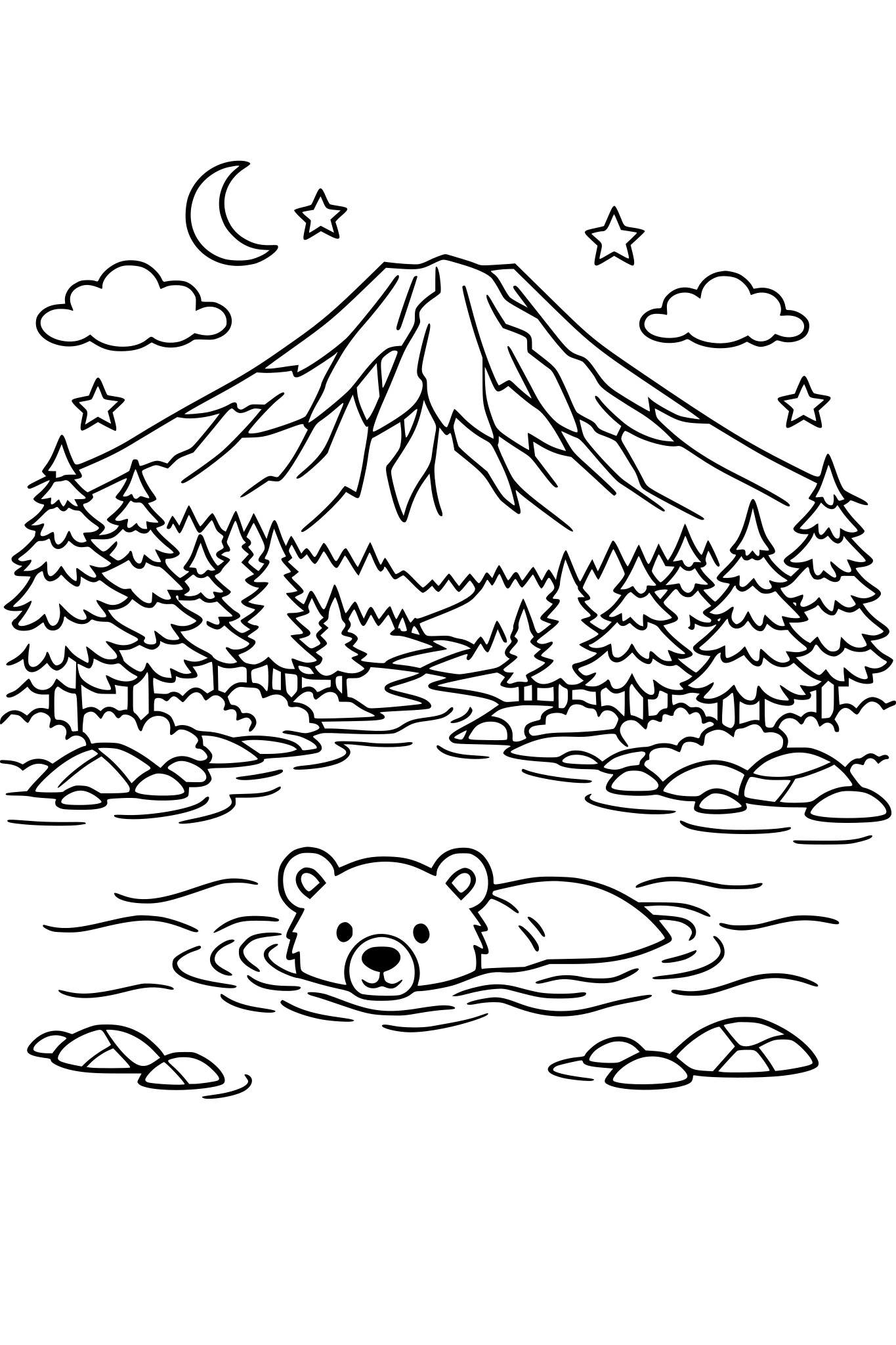 A whimsical depiction of Mount Redoubt in Alaska surrounded by a forest of spruce and hemlock trees. There is a river with a bear swimming within it.