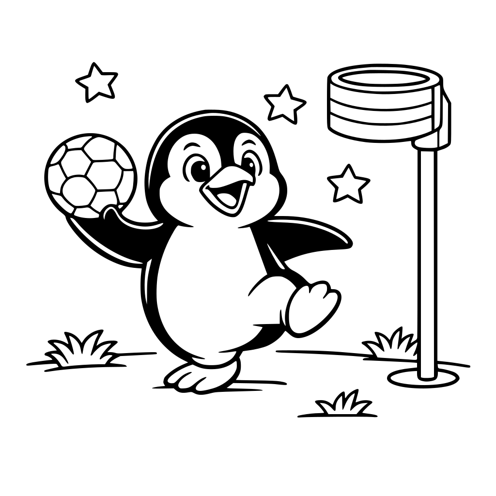 een korfballende pinguin op een grasveld