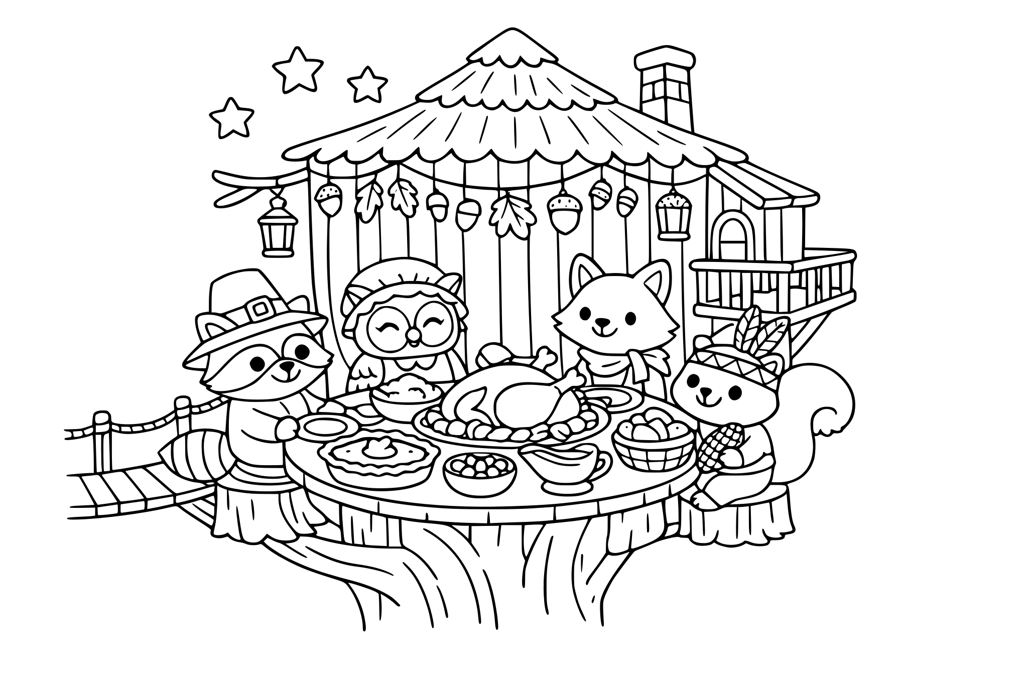 A treehouse Thanksgiving dinner. Keep rounded shapes + minimal line weight variation.