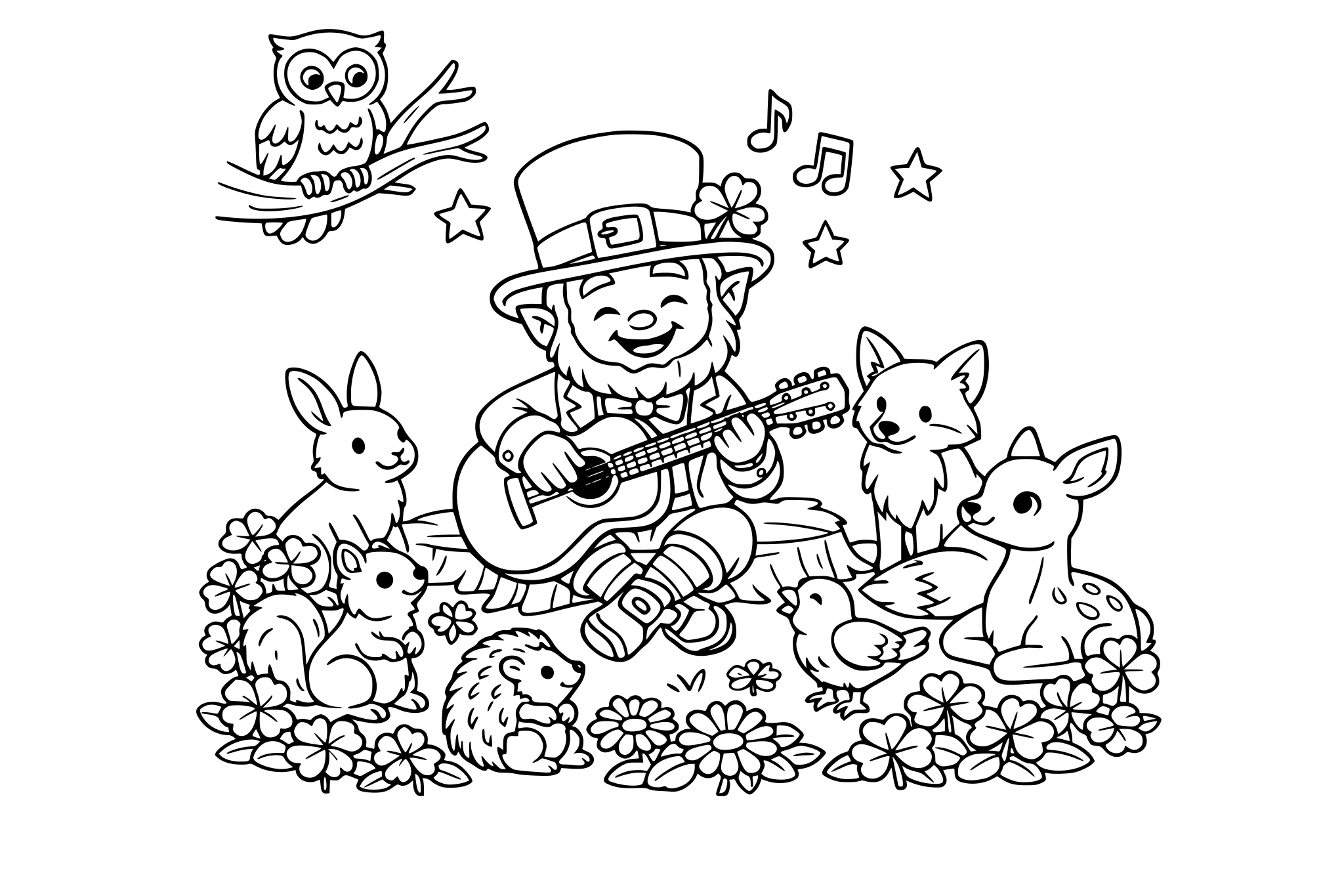 Leprechaun playing the guitar while the woodland animals listen in the forest. Tufts of clover around the flowers