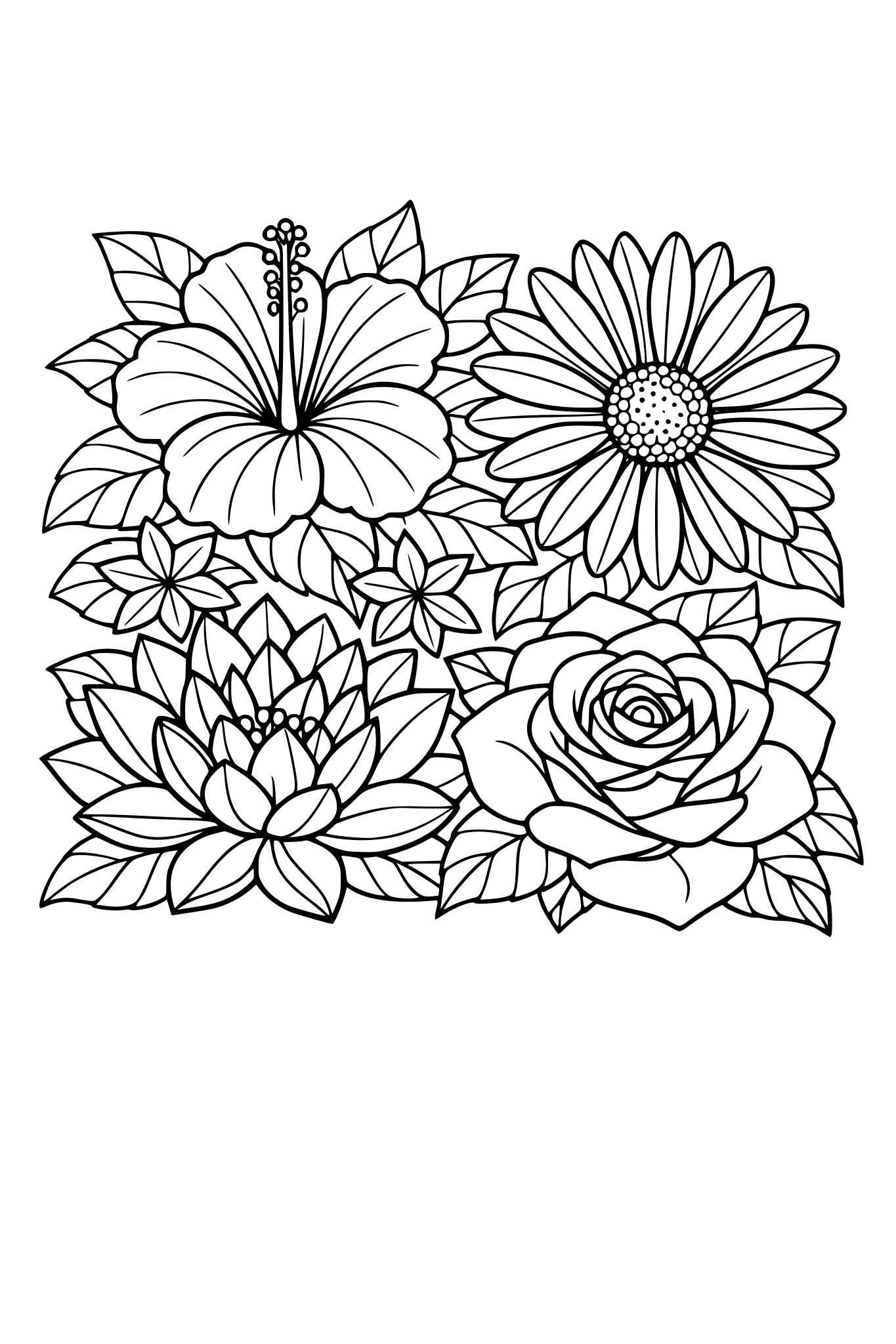 Different large Flowers on a bed of leaves