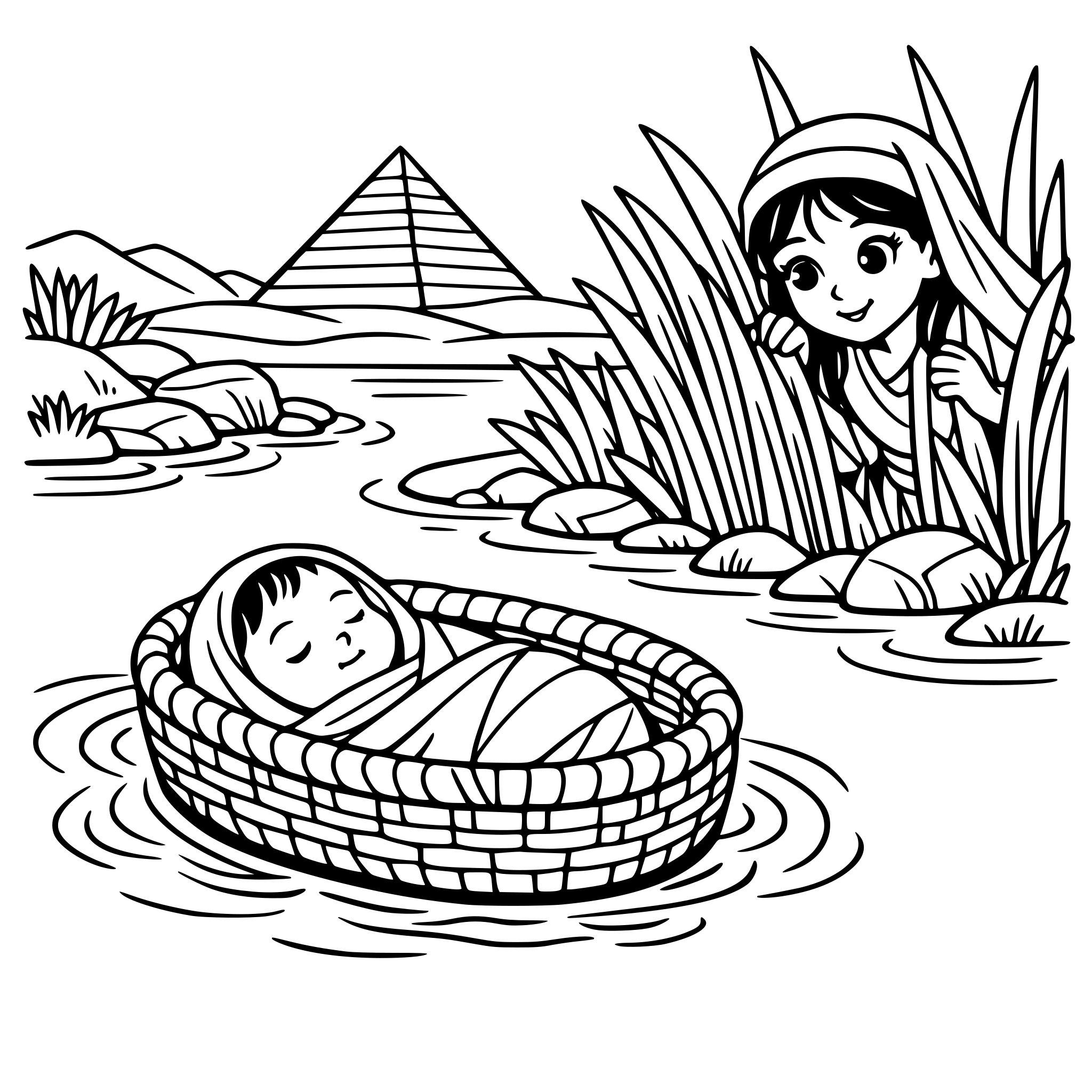 create an image with a sleeping baby swaddled in a reed basket floating on a gentle river; have his older bible sister peeking through the reeds looking curious; add landscape elements like grass and rocks; in the distance add an egyptian pyramid