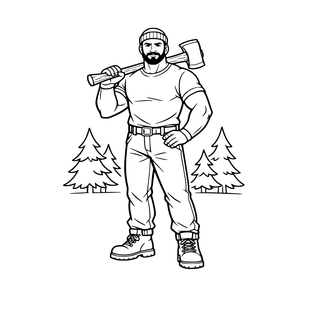 Strong lumberjack holding an axe resting on shoulder, simple work clothes and boots, light tree outlines in background, no exaggerated fantasy features.