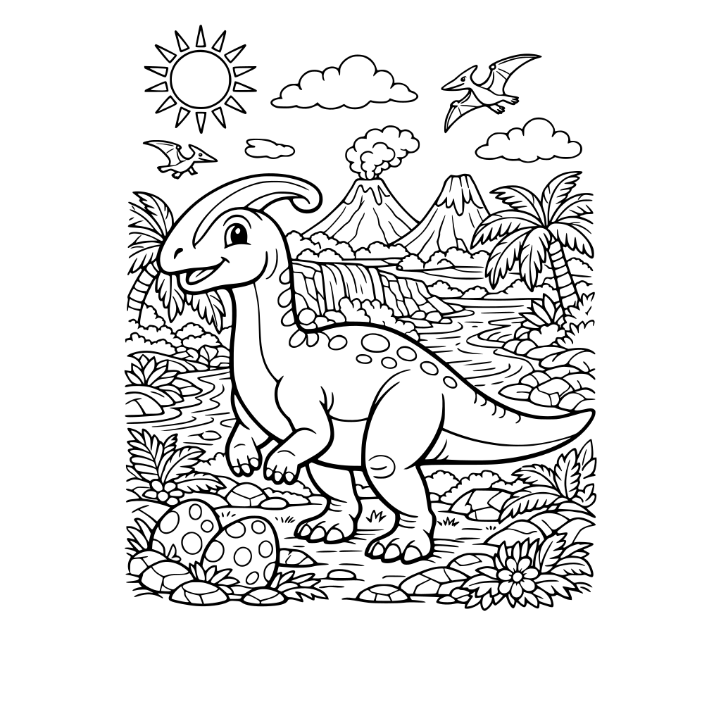 Portrait oriented coloring book page that is black and white with a friendly parasaurolophus. Background is a tropical landscape. Fill the whole page with great detail to the borders.