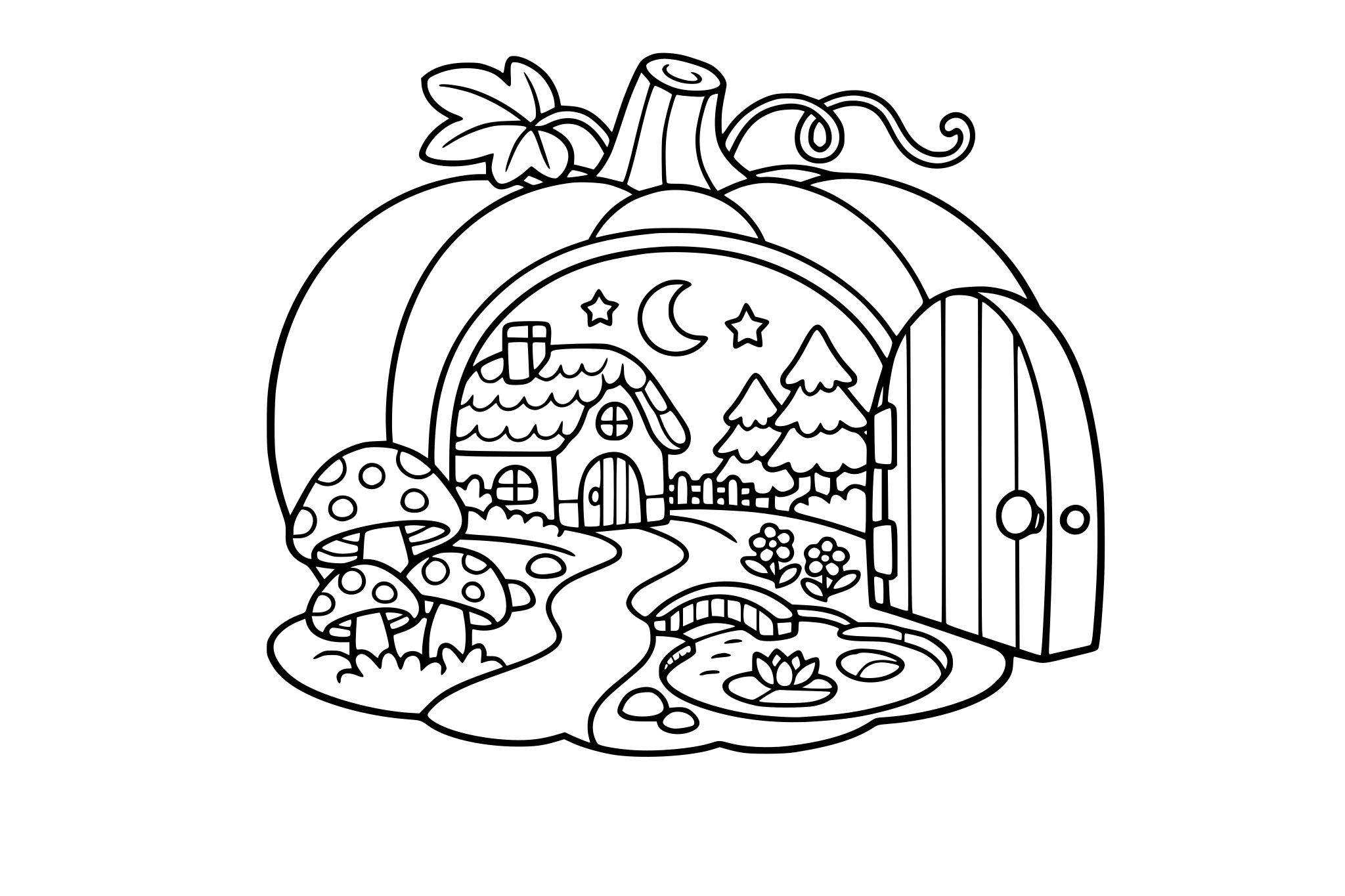 A pumpkin opening like a door to a tiny world inside. Keep rounded shapes + minimal line weight variation.