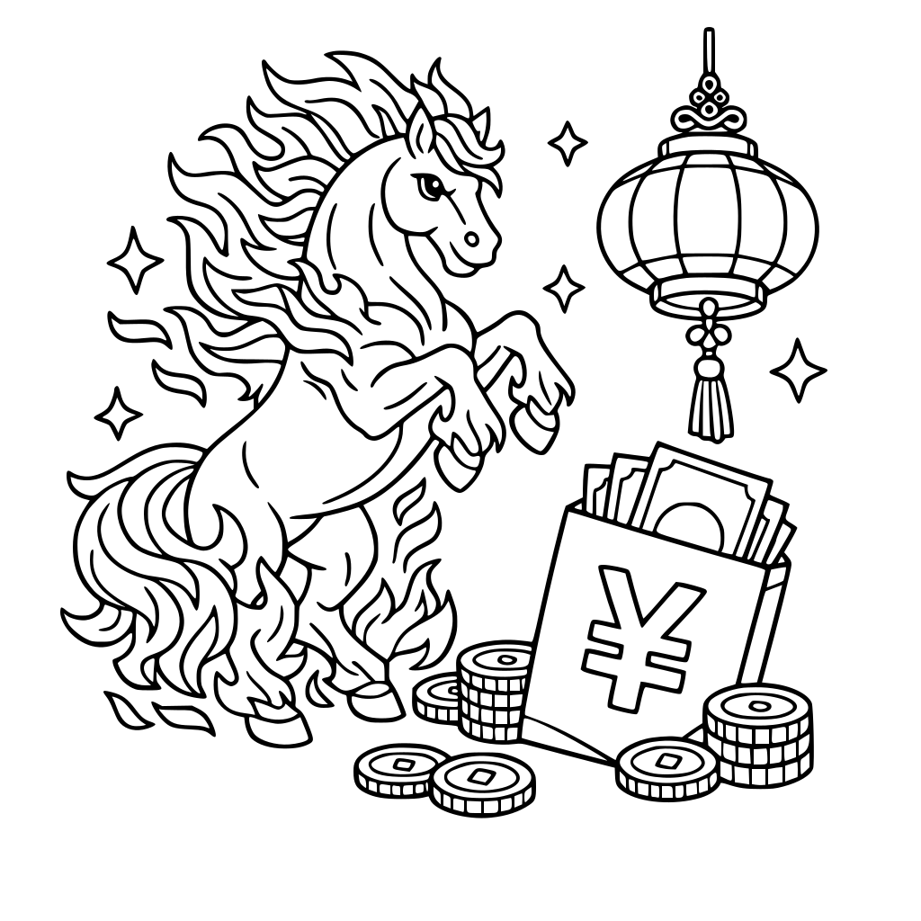 a coloring page with a fire horse, money envelope, Chinese lantern, coins