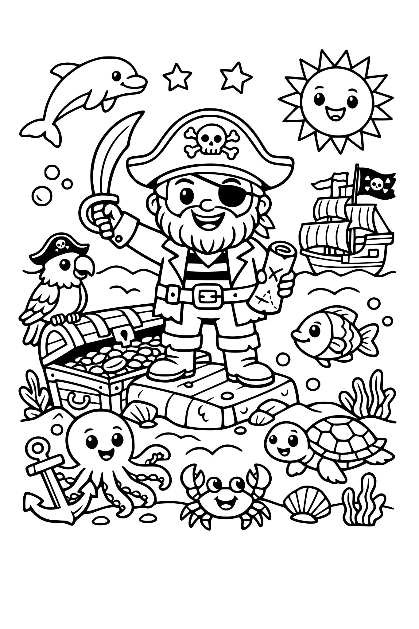 Kolorowanka inspirowana morskim życiem, może być na przykład z piratem