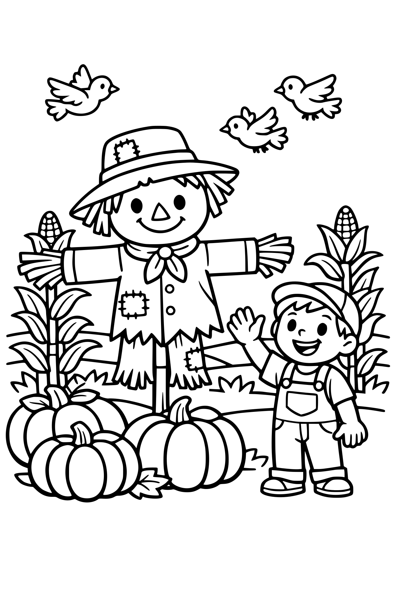 cute kids coloring page, smiling scarecrow standing in a farm field with pumpkins and corn, happy boy waving at the scarecrow, birds flying above, simple shapes, thick outlines, kids coloring book illustration