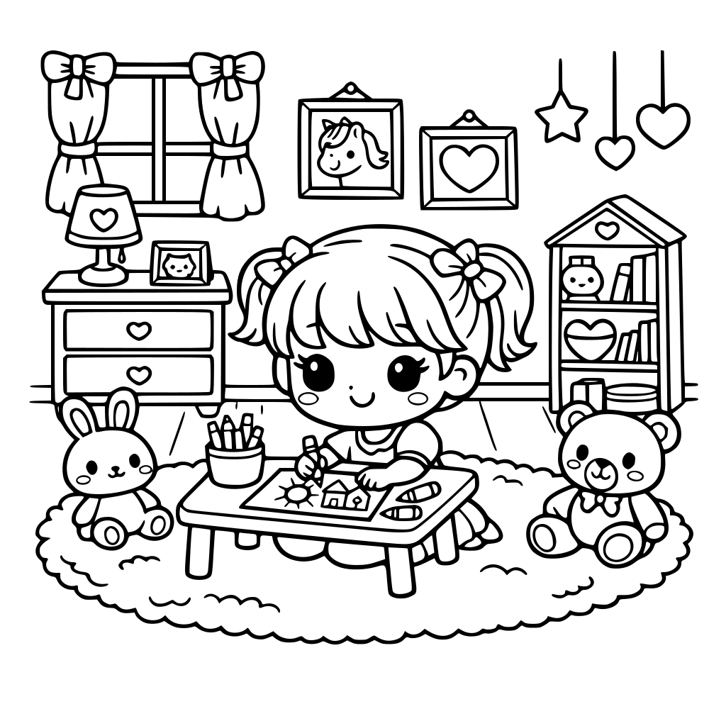 vorrei un disegno in stile kawaii da colorare in bianco e nero per bambine dai 4 ai 6 anni. L'immagine deve ritrarre una bambina seduta su un tappeto nella sua cameretta intenta a disegnare su un tavolino. metti arredamenti nella stanza femminili