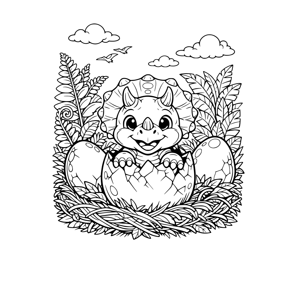 Portrait oriented coloring book page that is black and white with a friendly looking triceratops baby hatching out of a dinosaur egg. Background has a nest with two other eggs in it and plants all around. Fill the whole page with great detail. Fit 8.5” by 11” paper.
