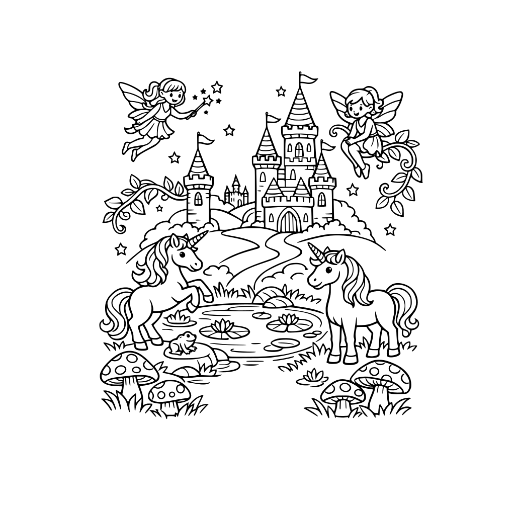 whimsical, castles, fairies, unicorms, mushrooms, ponds, vines
