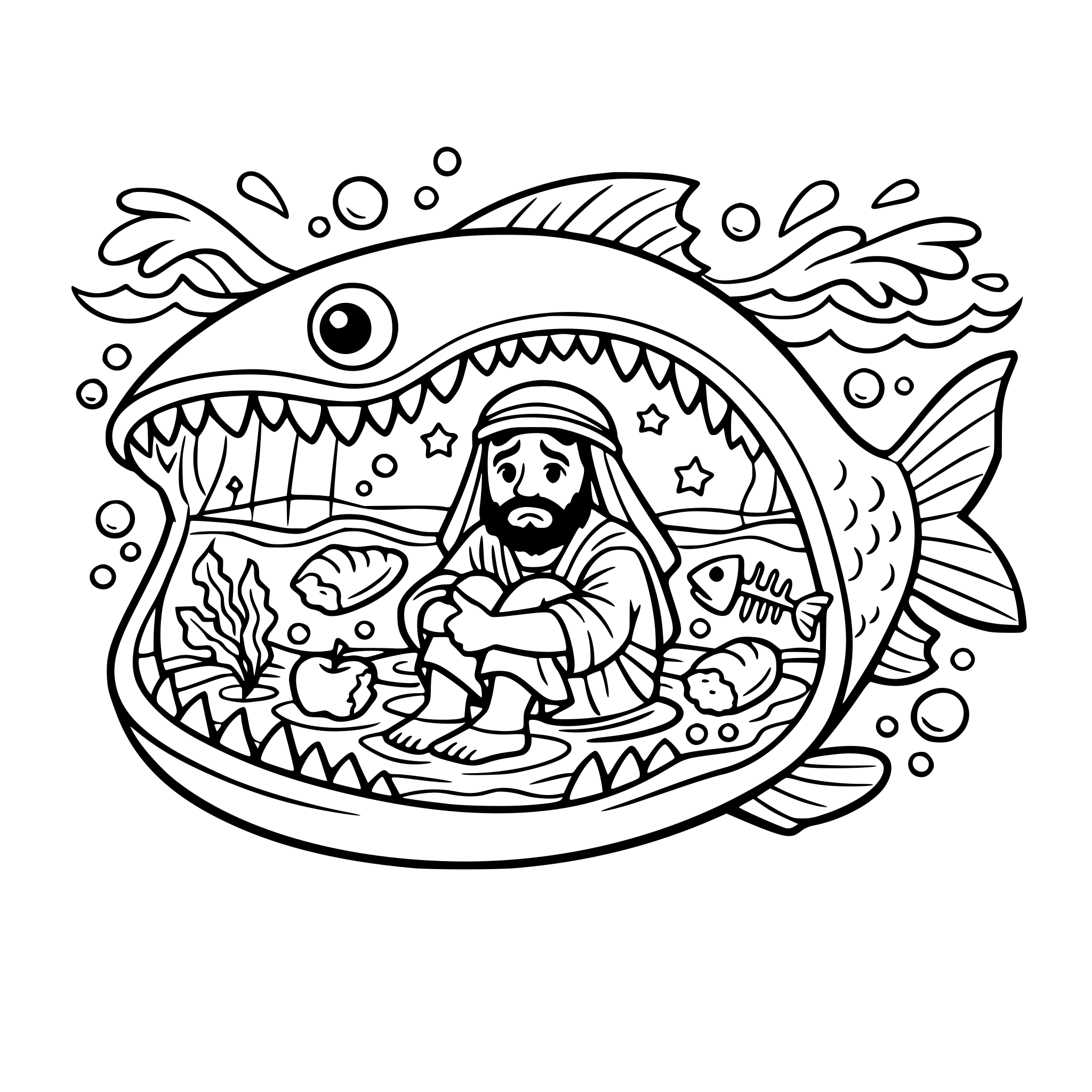 Jonah inside of a big fish, sitting in the belly with water and floating food Include Jonah looking worried and water elements outside of the big fish