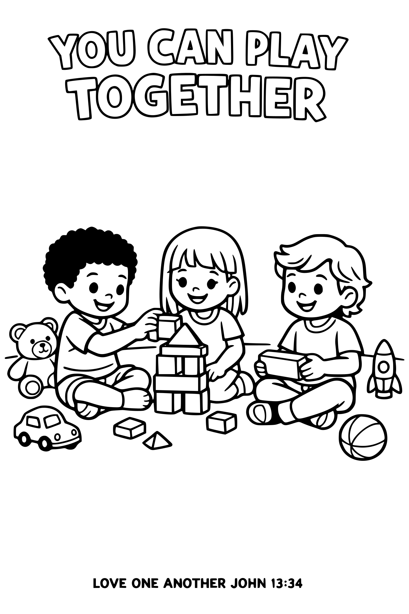 Black and white coloring page, simple kids line art, 3 child