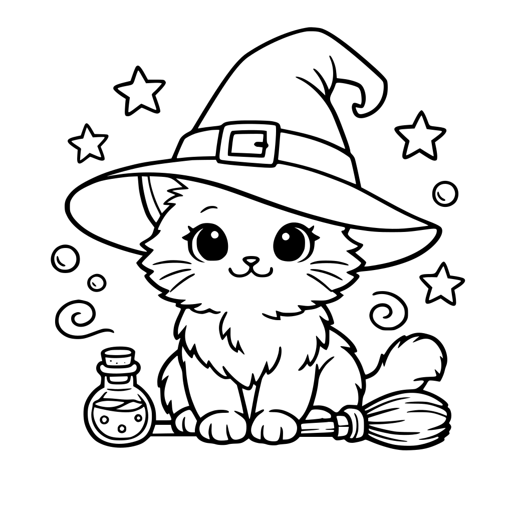 O pisică adorabilă într-o pălărie de vrăjitor