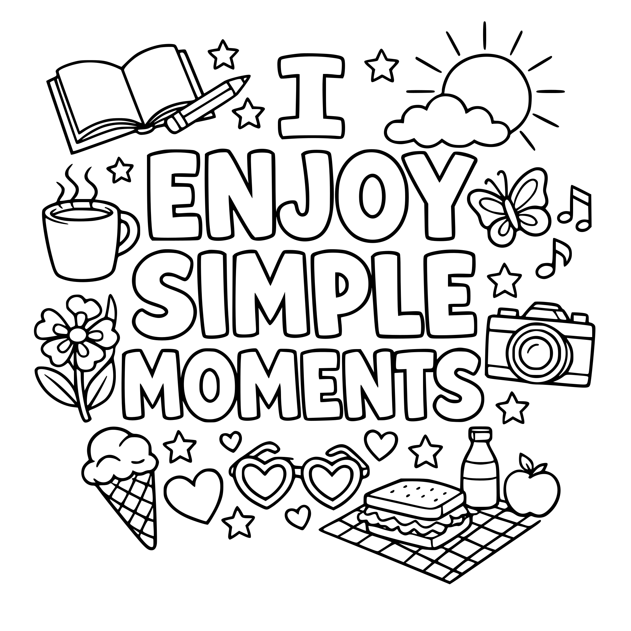 "I enjoy simple moments" coloring letters with items around the letters that work with the lettering.