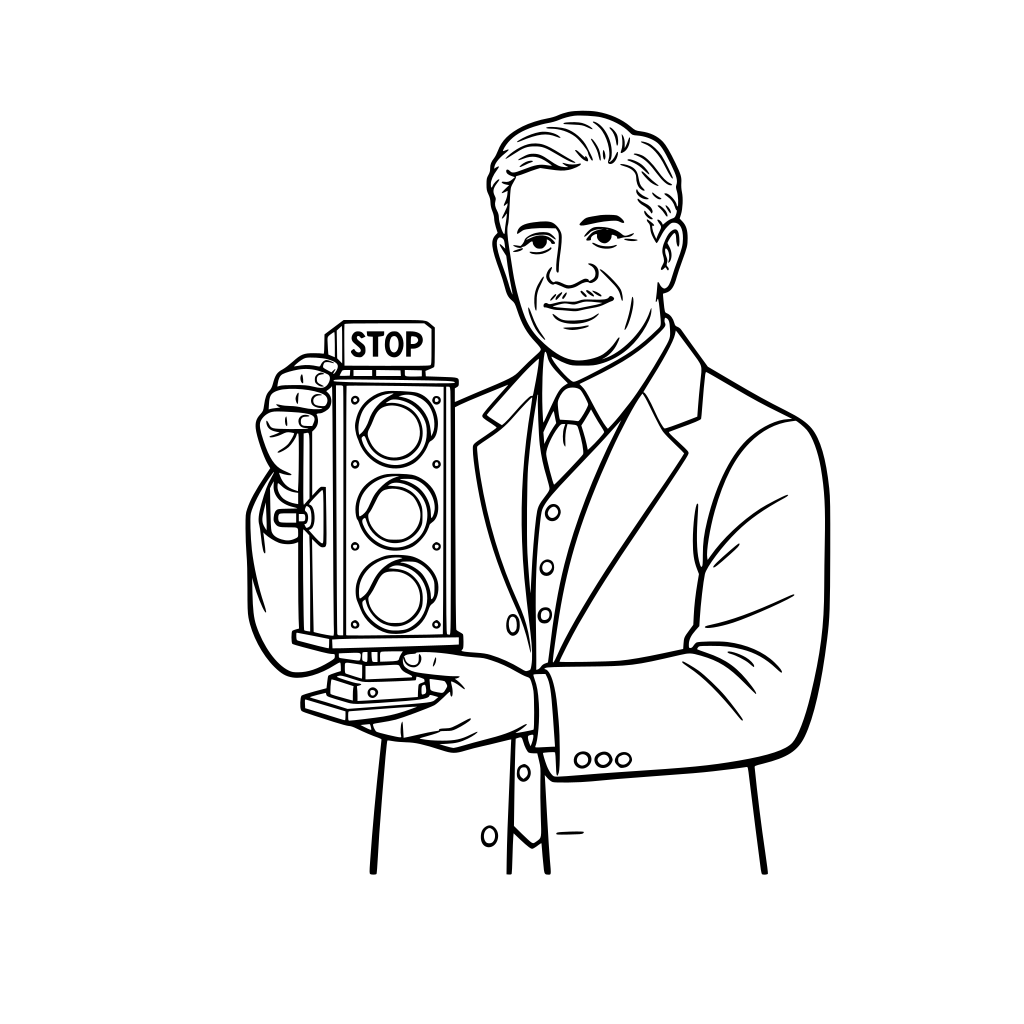 Garrett Morgan holding an early traffic signal model, proud expression, minimal workshop background.