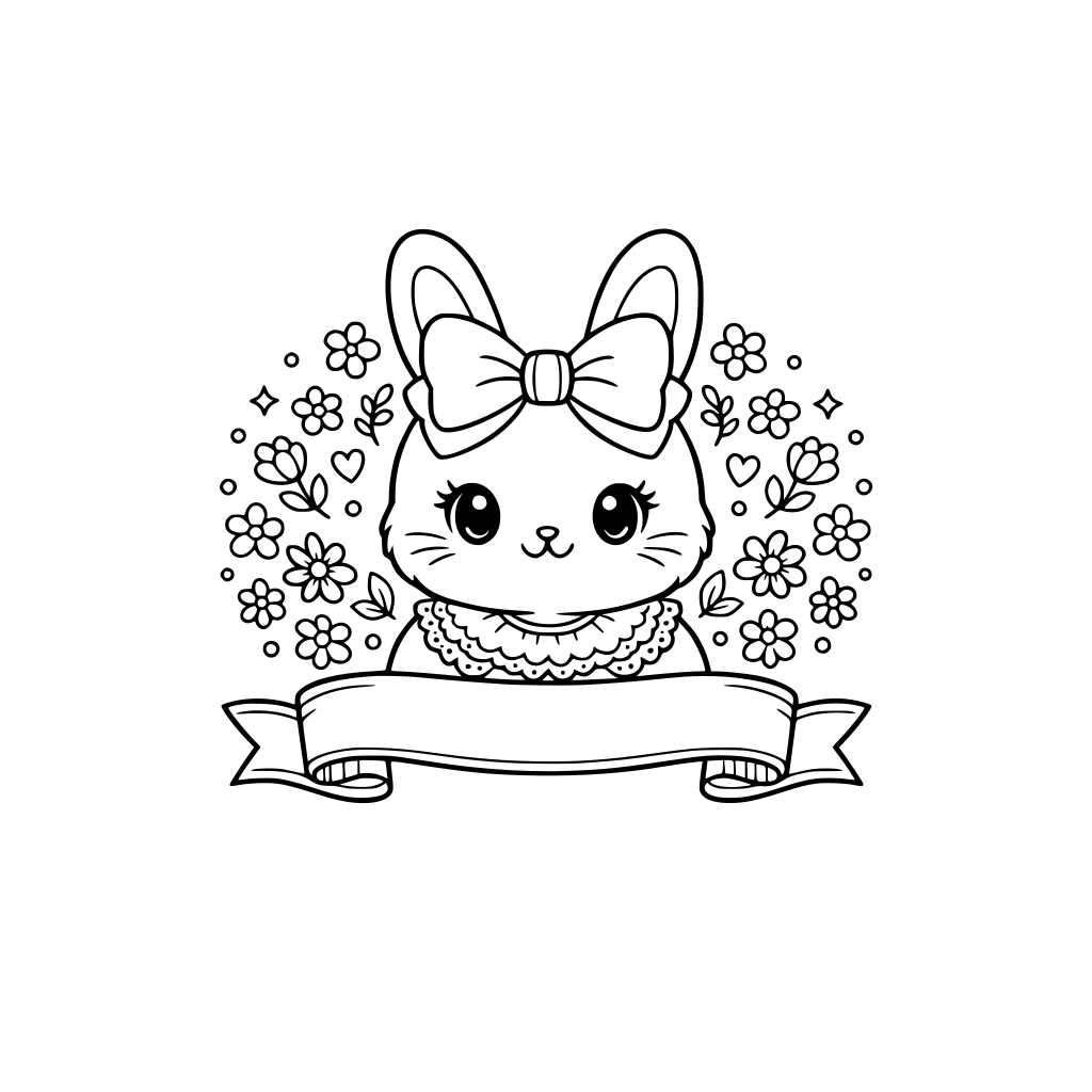 cute girl Bunny face with big bow on head, lace collar, surrounded by small flowers and dots, blank banner