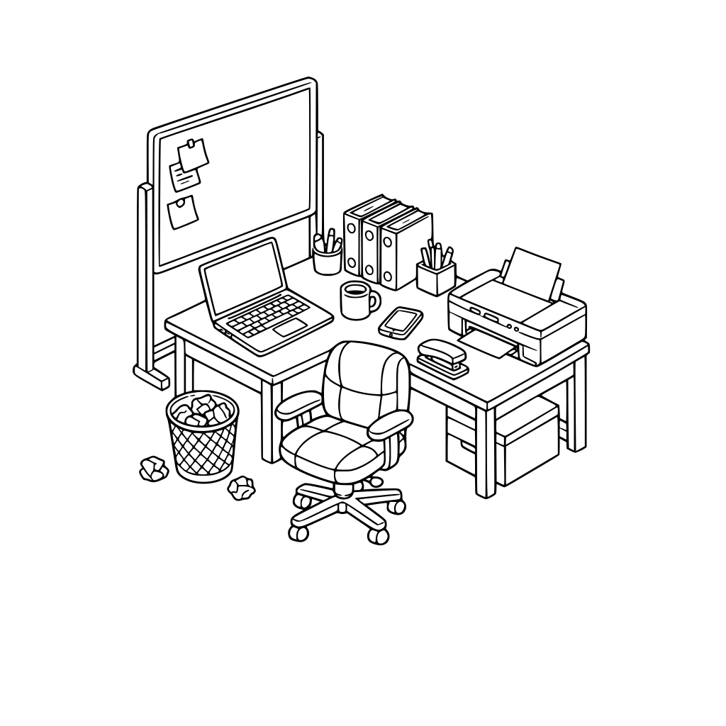 cozy cute office with laptop, smartphone, files, stapler, chair, desk, coffee, trash bin with crumpled paper, printer, whiteboard. 3d isometric.