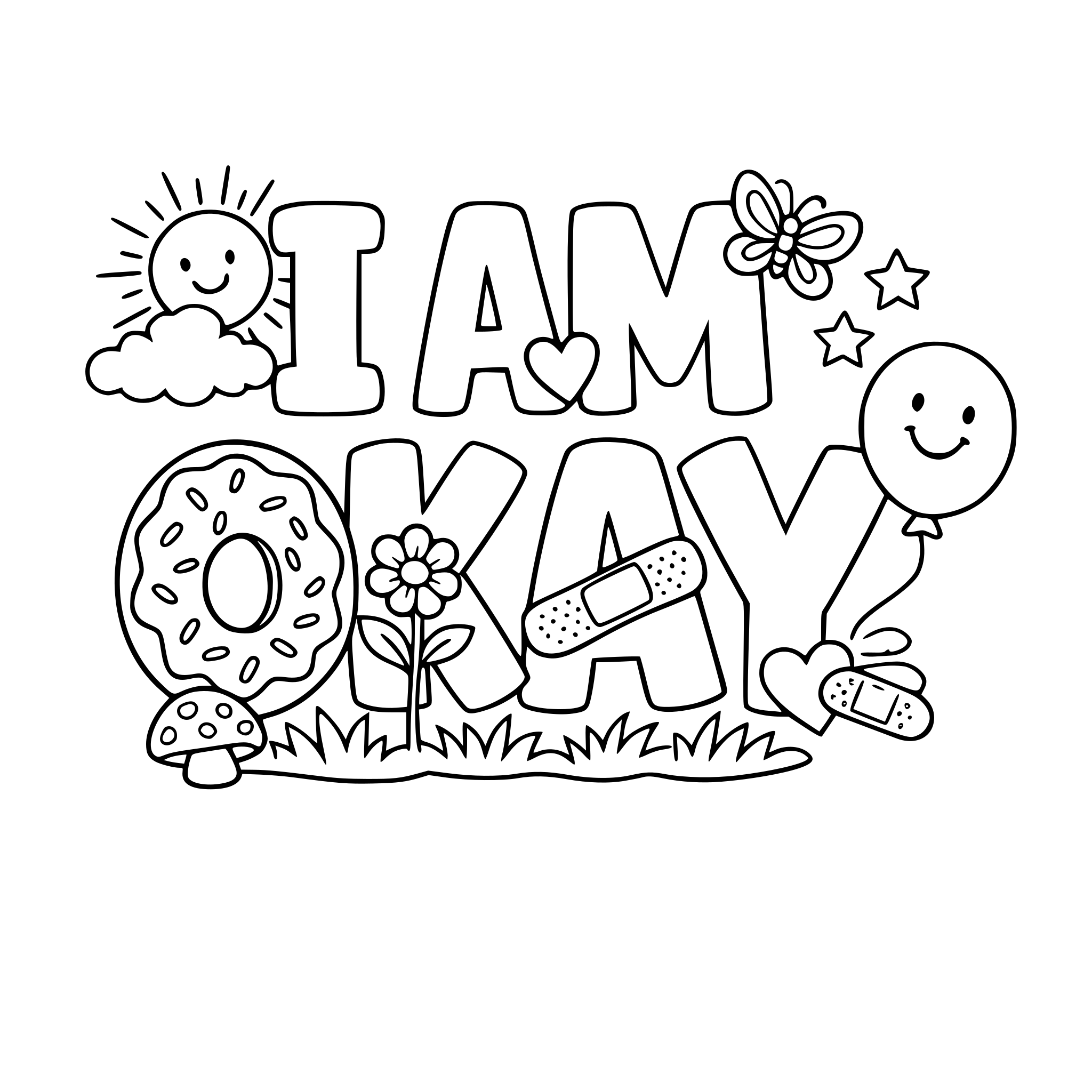 "I am okay" coloring letters with items around the letters that work with the lettering.