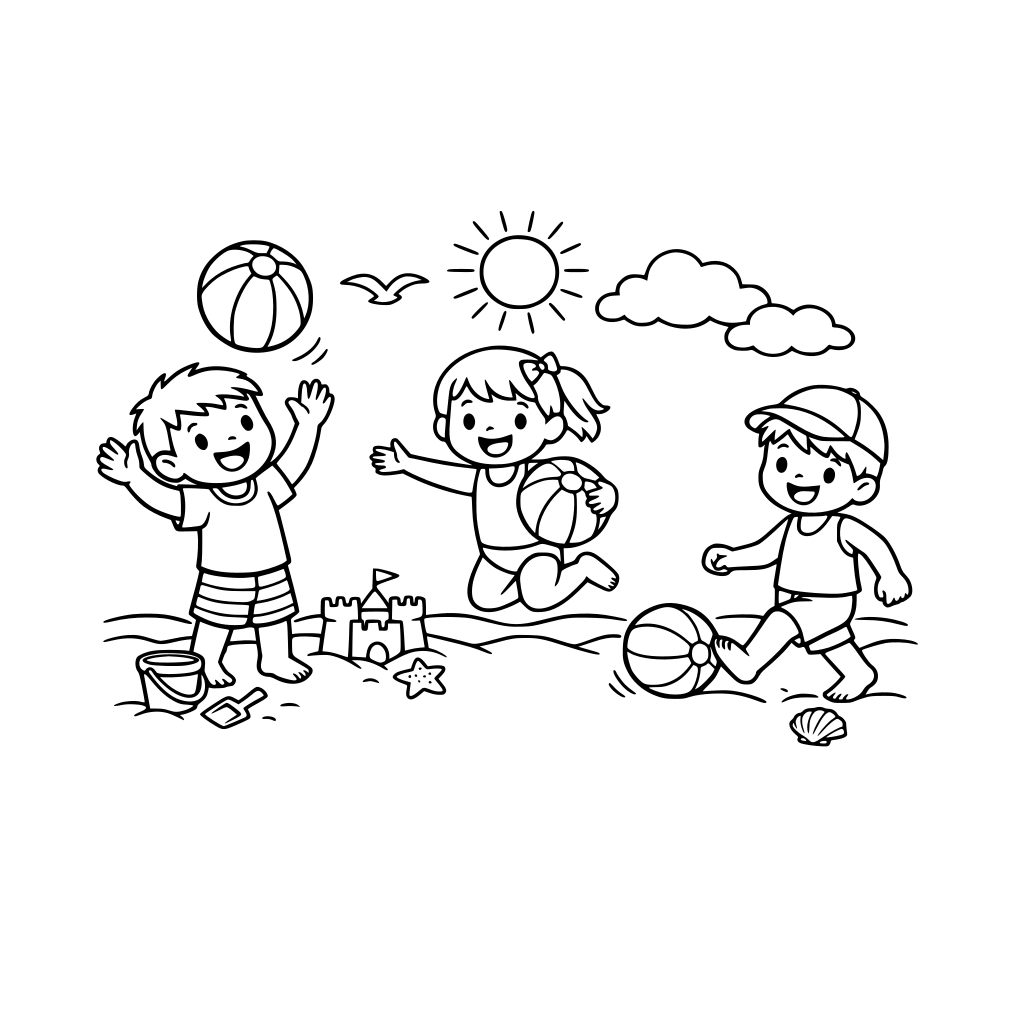 coloring page for small child of kids playing on beach with balls