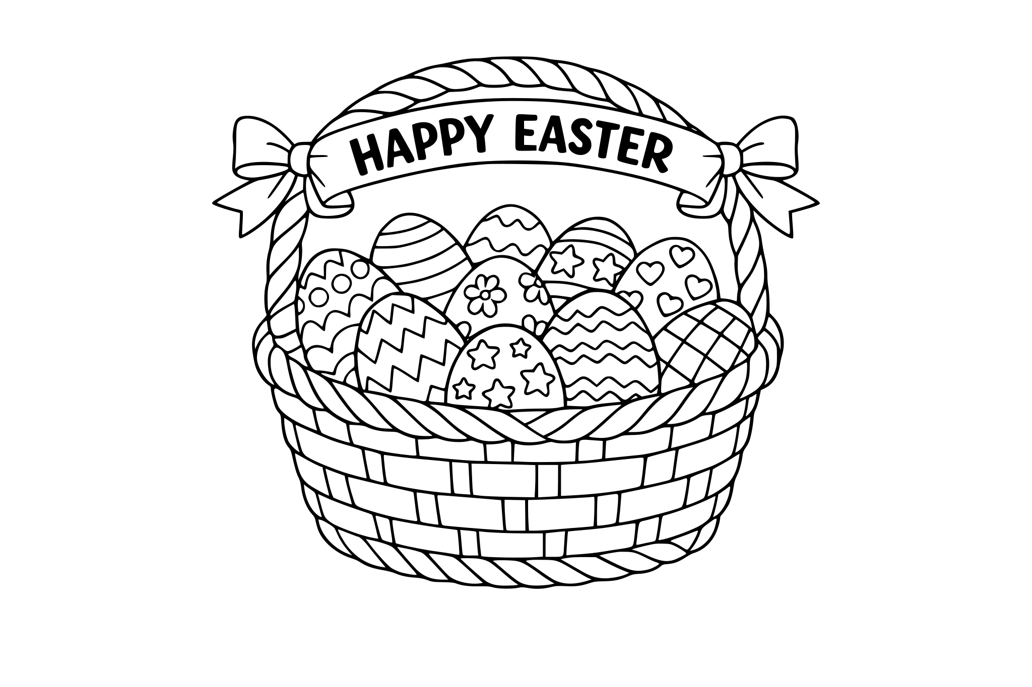 An easter basket full of easter eggs with different patterns. There is a ribbon across the handle that says "HAPPY EASTER"