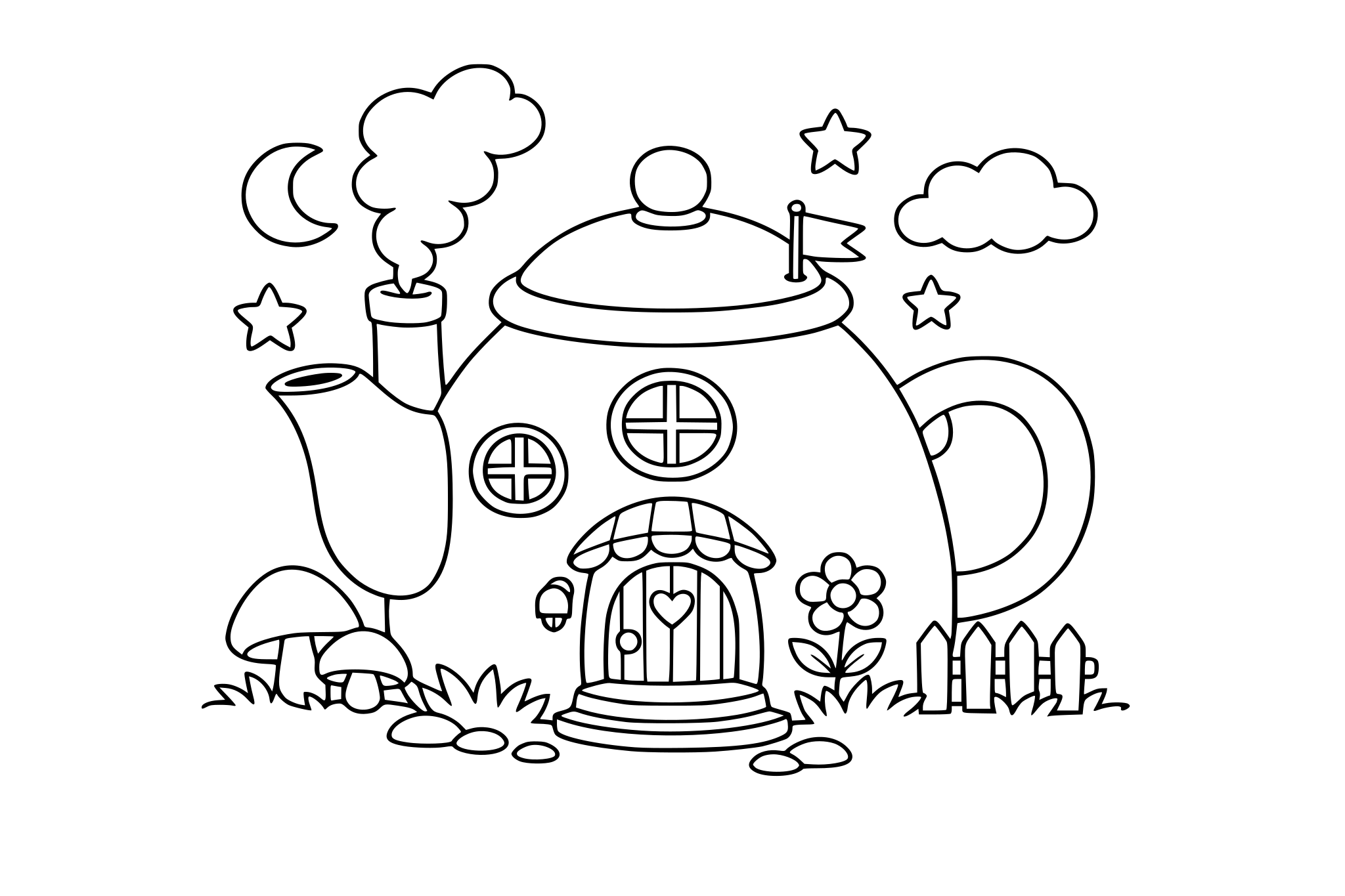 A teapot as a cozy house. Keep rounded shapes + minimal line weight variation.