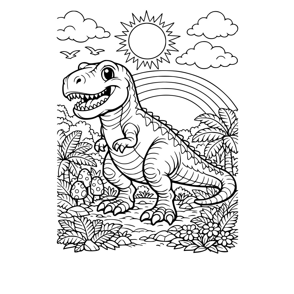 Portrait oriented coloring book page that is black and white with a friendly looking Tyrannosaurus rex. Background has lots of vegetation with a sun, clouds, and a rainbow. Fill the whole page with great detail that goes to the edges of the paper. Fit 8.5” by 11” paper.