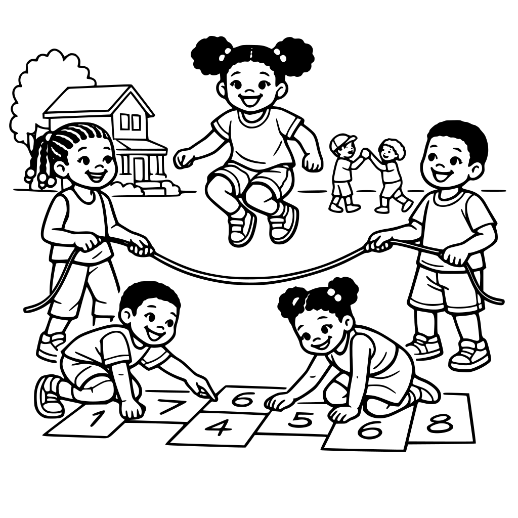 Scenes of a neighborhood with African American children children jumping rope and playing games like hop scotch on a summer day