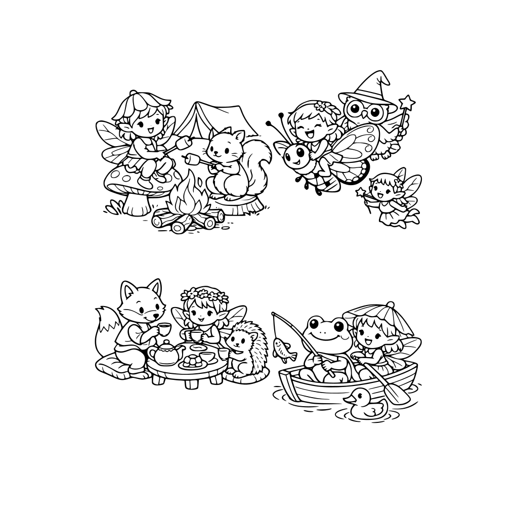 a collection of different cute and whimsical sceneries and situations featuring a mix of whimsical animals and whimsical fairies with different expressions doing different things in each situation or scene