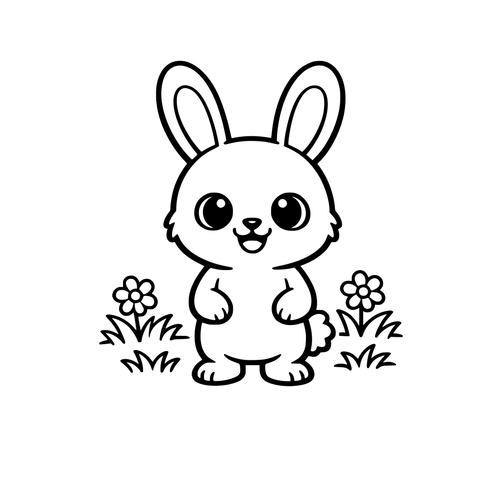 add_2 Create 🍌 Nano Banana Pro crop_9_16 arrow_forward Create Cute bunny standing and smiling, big round eyes, simple grass background, black and white, bold thick outline, coloring book page, no shading