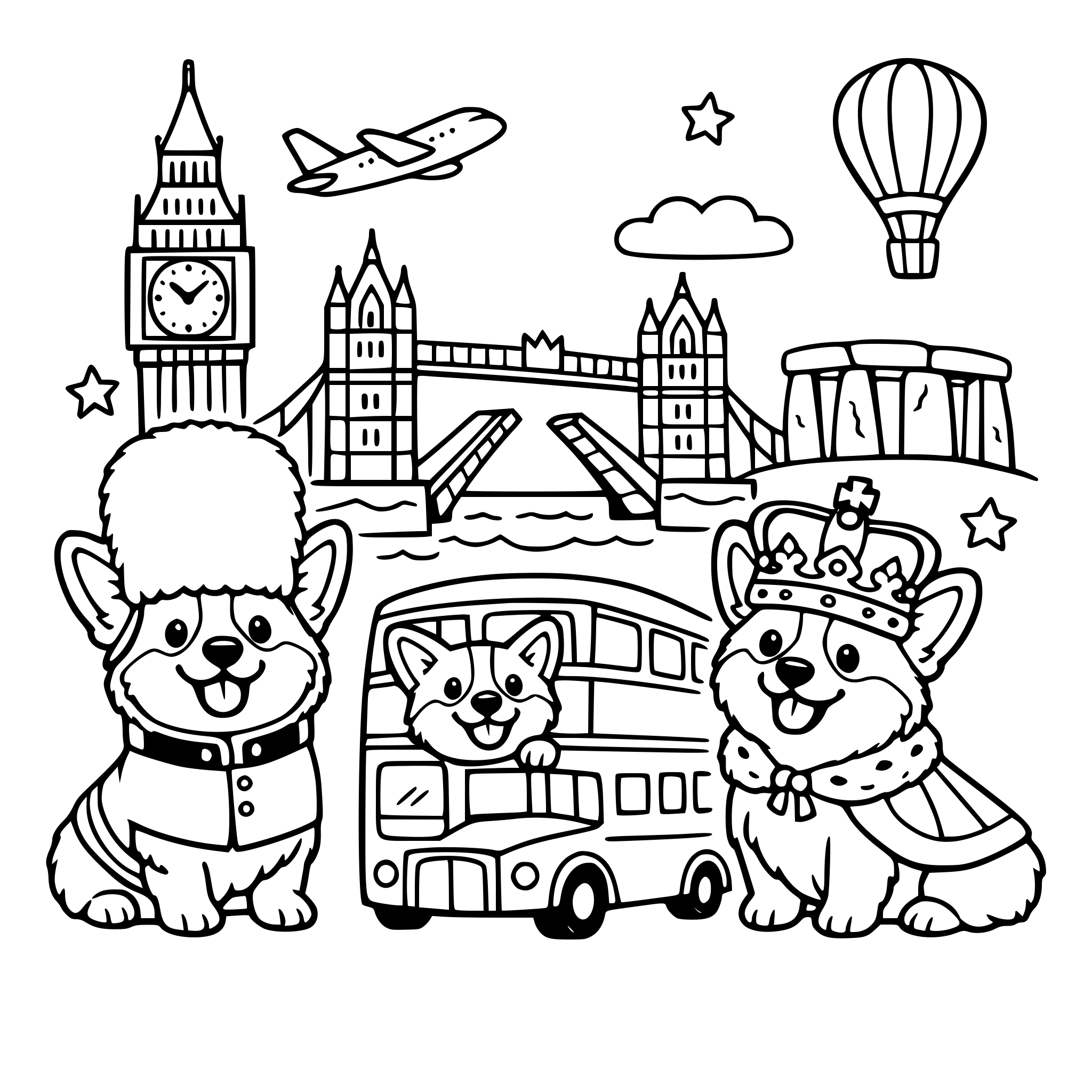 Malbuch über corgis an sehenswürdigkeiten in england