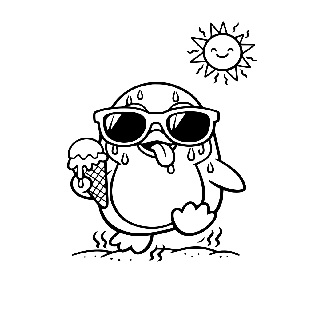 Penguin wearing oversized sunglasses Sweat drops dripping down its face Tongue sticking out from heat Holding a melting ice cream cone Small sun in the corner with heat lines Feet slightly lifted off sand like the sand is too hot. Big shapes easy to color