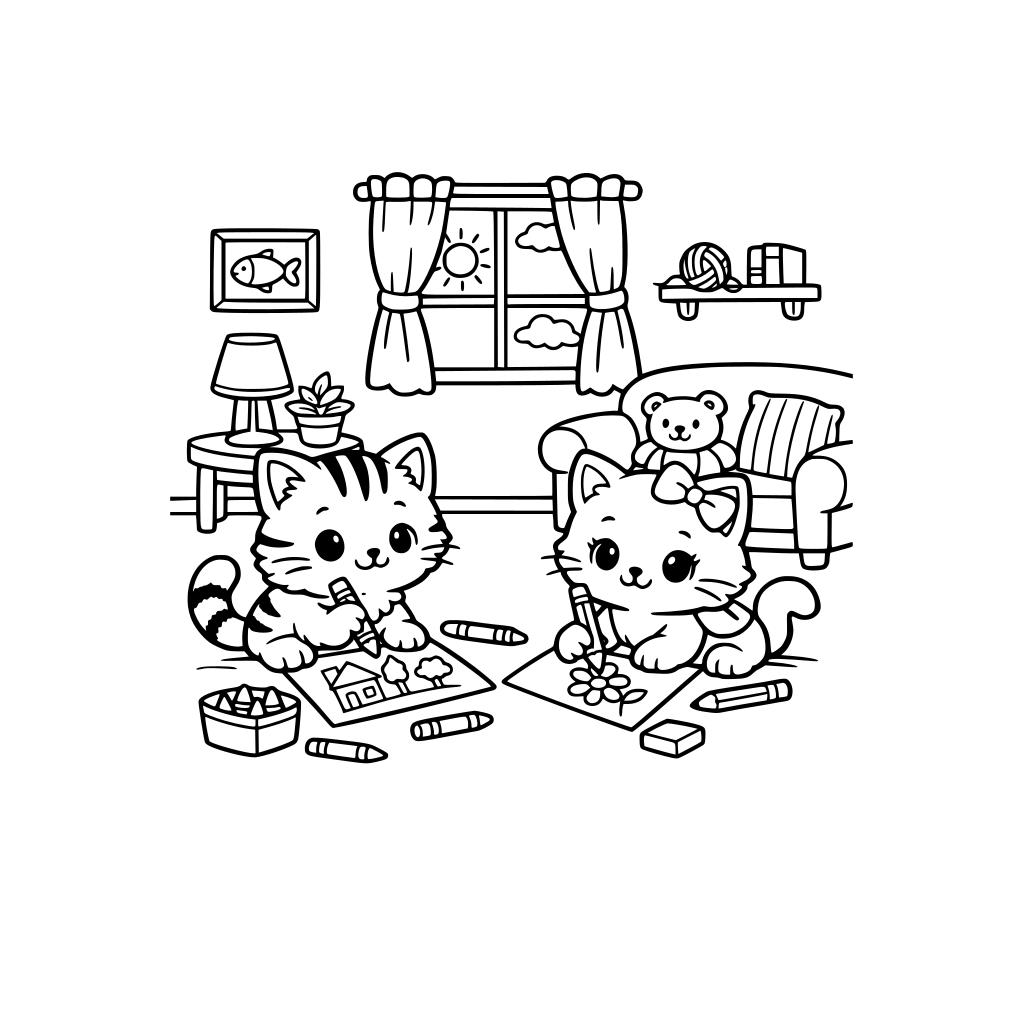 two kittens drawing in a cute livingroom