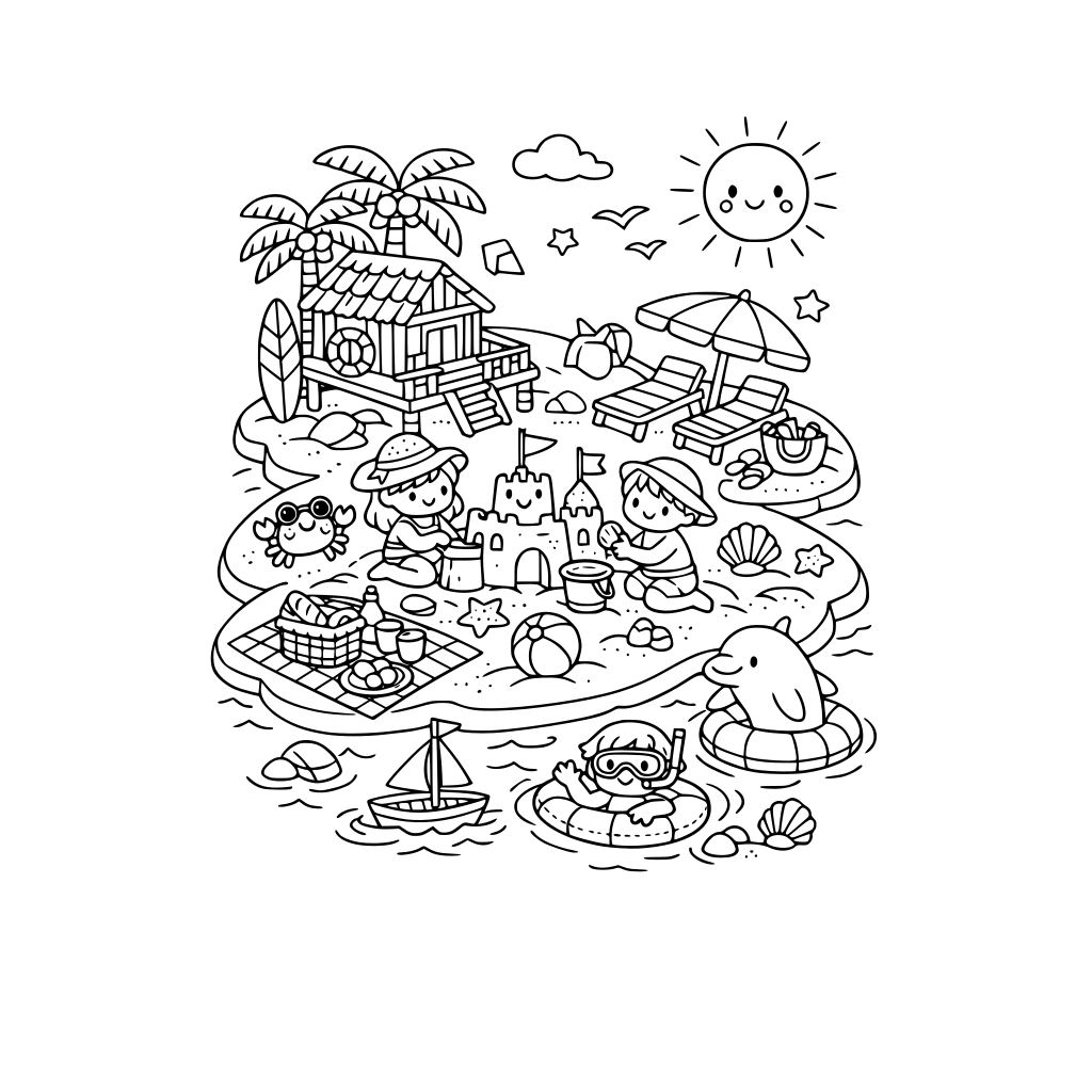 hygge style, cute and cozy, 3d isometric, fun day at the beach