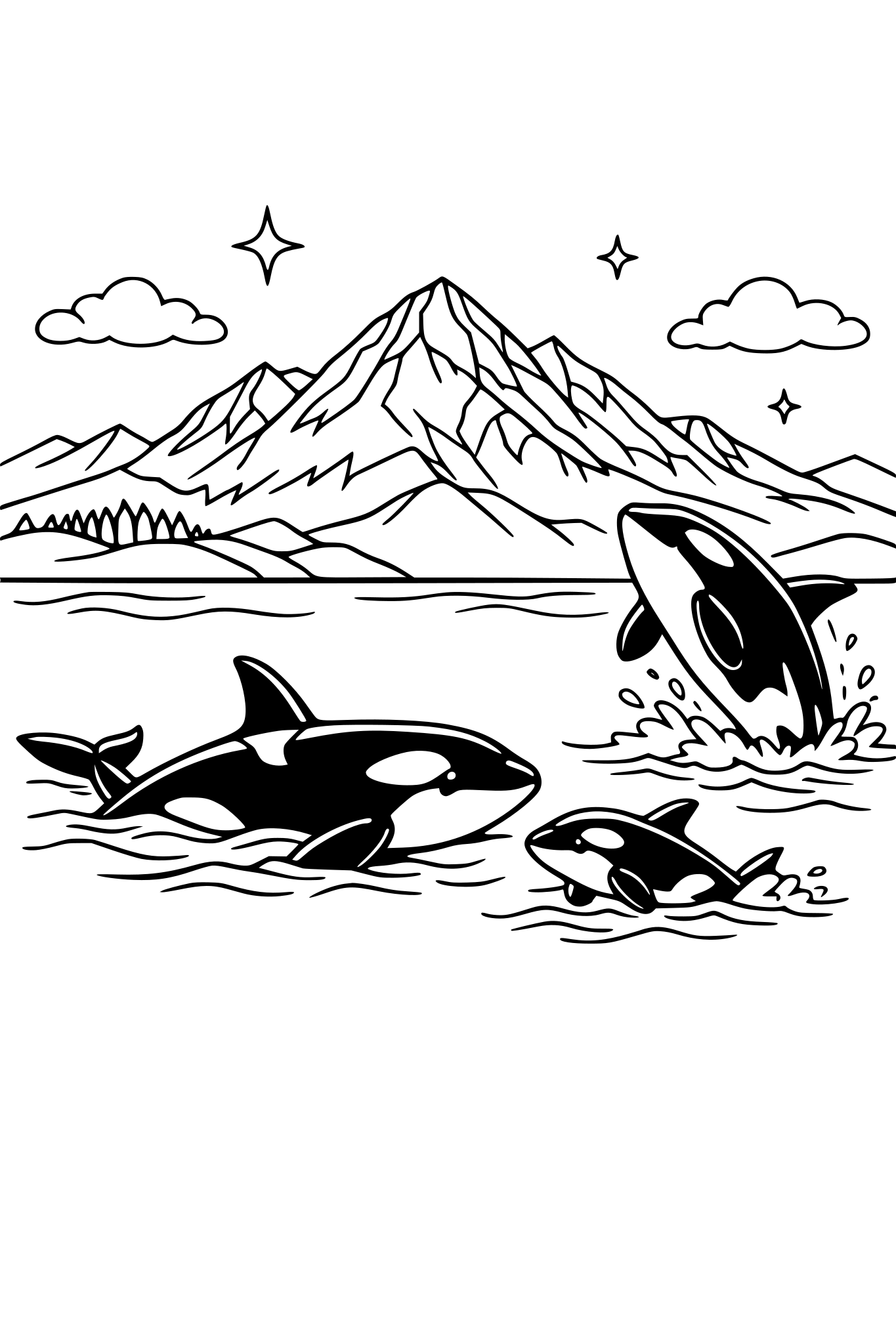 orcas swimming in the ocean with a mountain backdrop. realisitc
