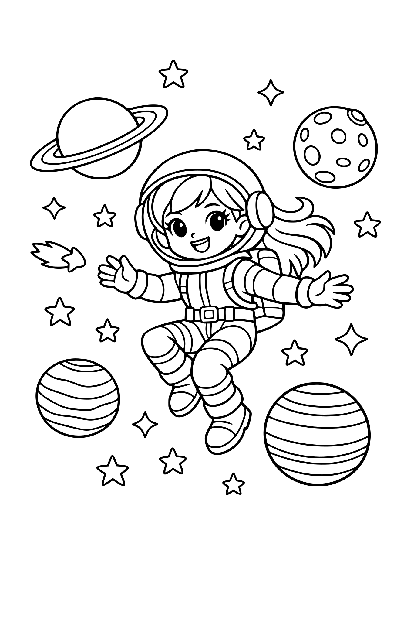 A girl floating in space with stars and planets.