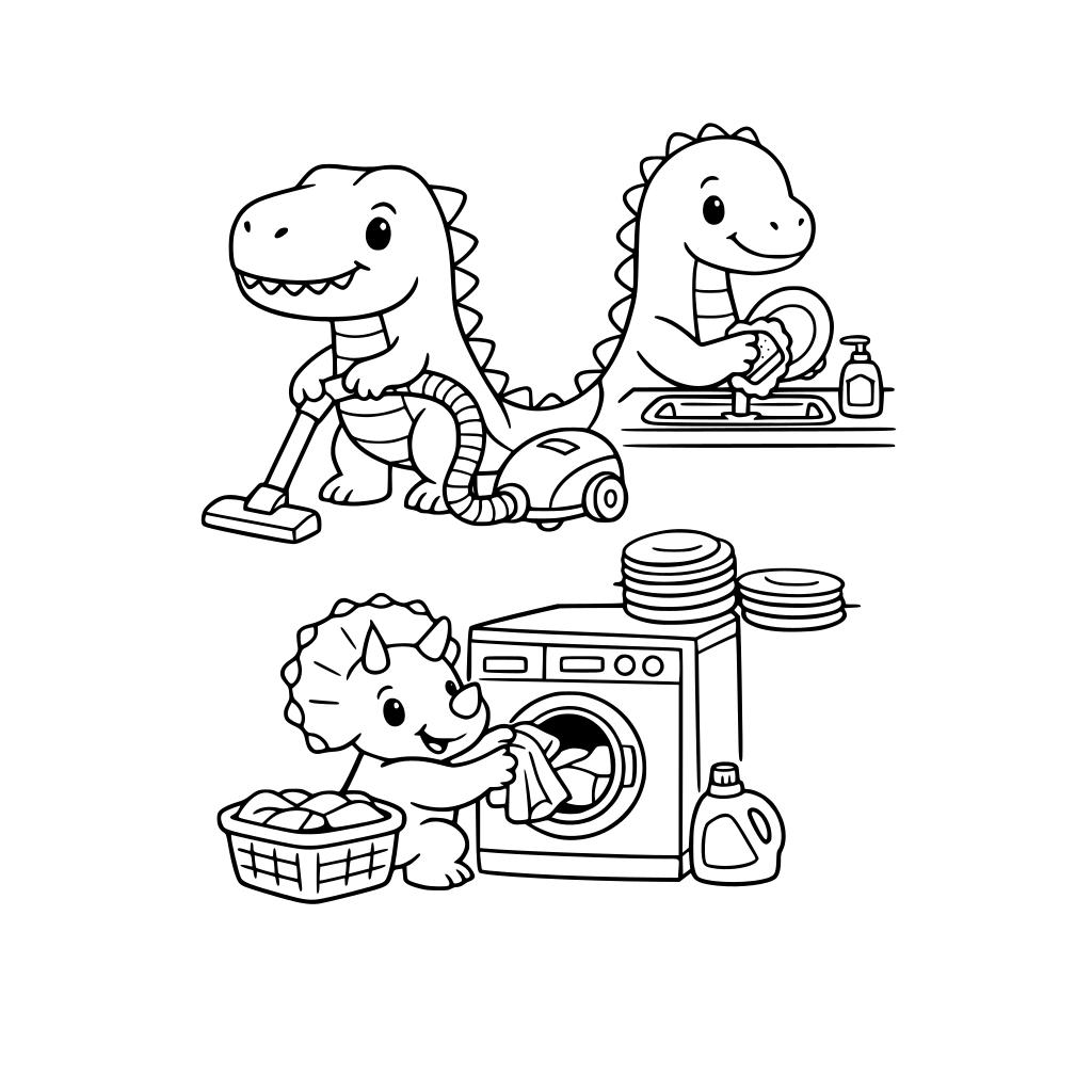 dinosaurs doing chores