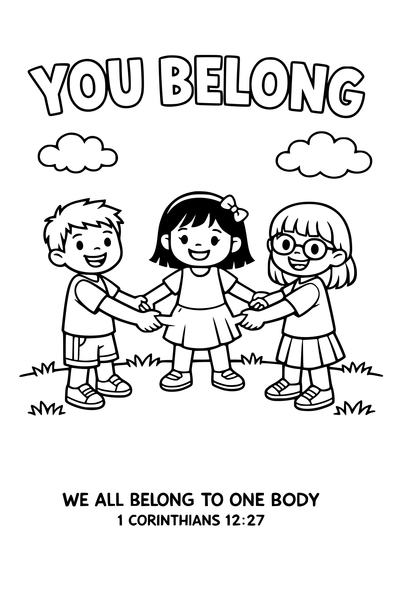Black and white coloring page, simple kids line art, 3 child