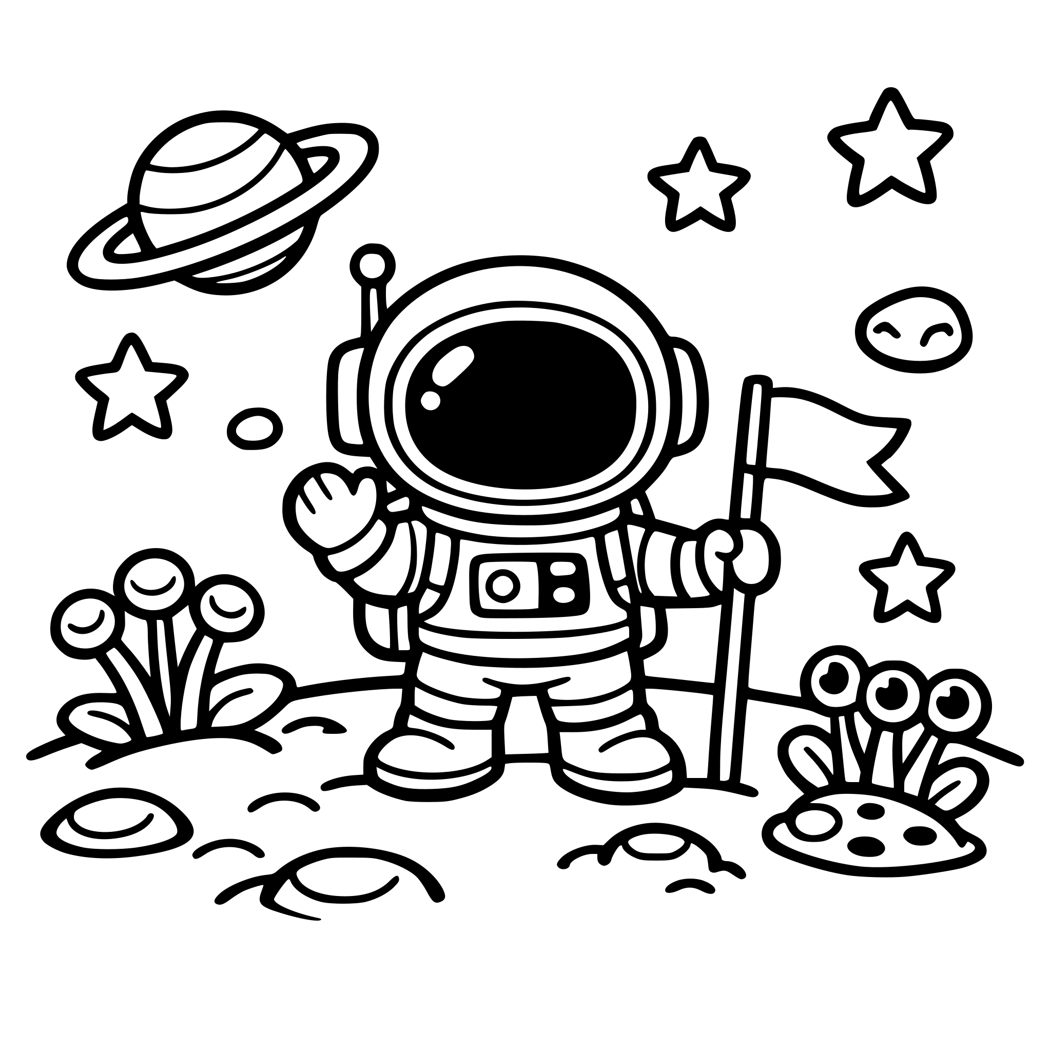 cute astronaut exploring a new planet with stars and small alien plants, space adventure theme, children's coloring book page, bold thick outlines, simple shapes, black and white line art, no shading, white background