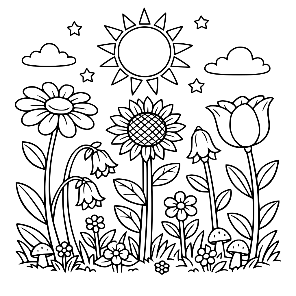 create a scene for a garden with big flowers and long stems reaching for the sun