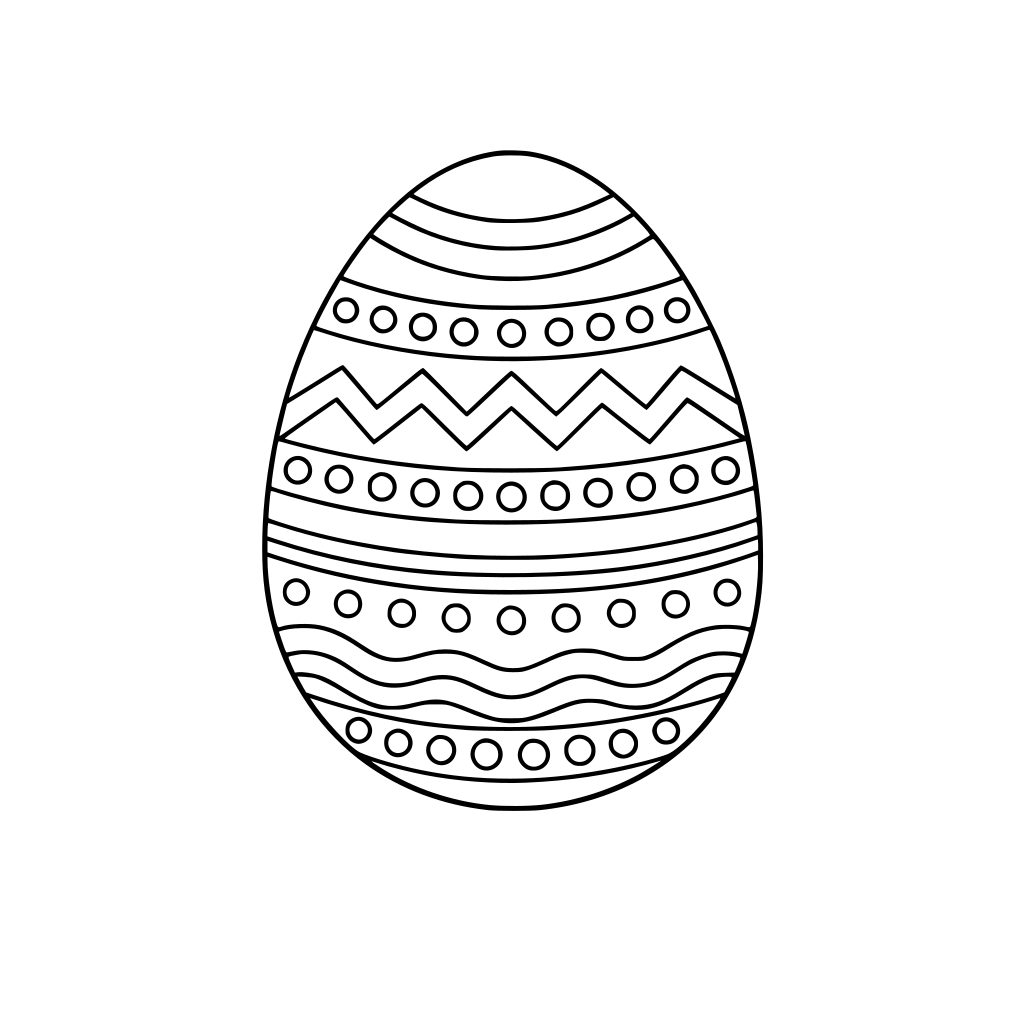 Create a single page with a large Easter Egg with a design of lines and dots. No color is needed. Outlines should be of medium thickness, simple detail and colored black