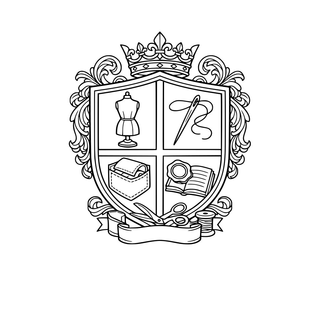 ornate crest divided into 4 large sections; icons: dress form, needle+thread, hidden pocket, wax seal + ledger; thick outlines; no shading; no text.