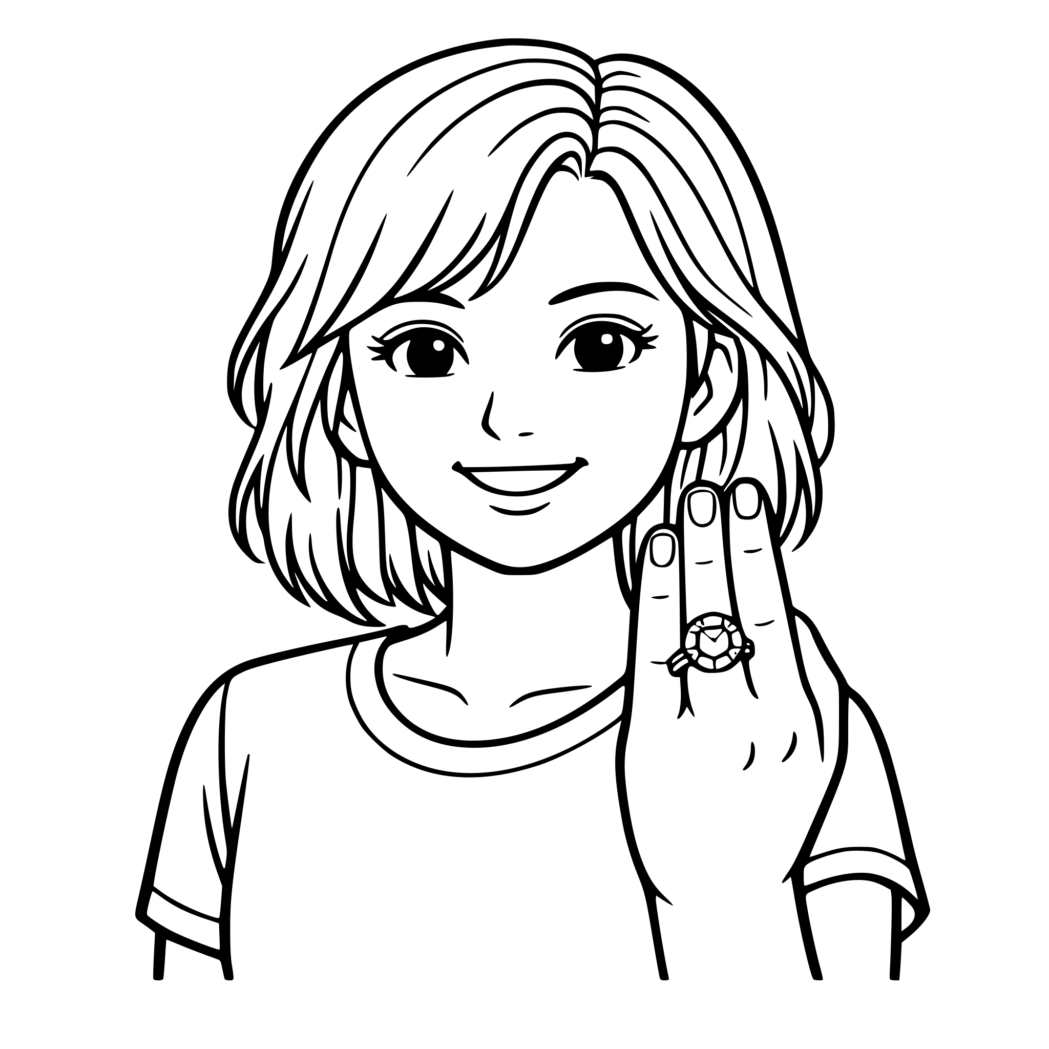 Create an image of a teenage girl with shoulder length wavy hair showing her left hand, ring finger with a big sparkling diamond ring on. Make her facial characteristics life like with smaller eyes. Bring the ring finger to the front. White background, isolated.