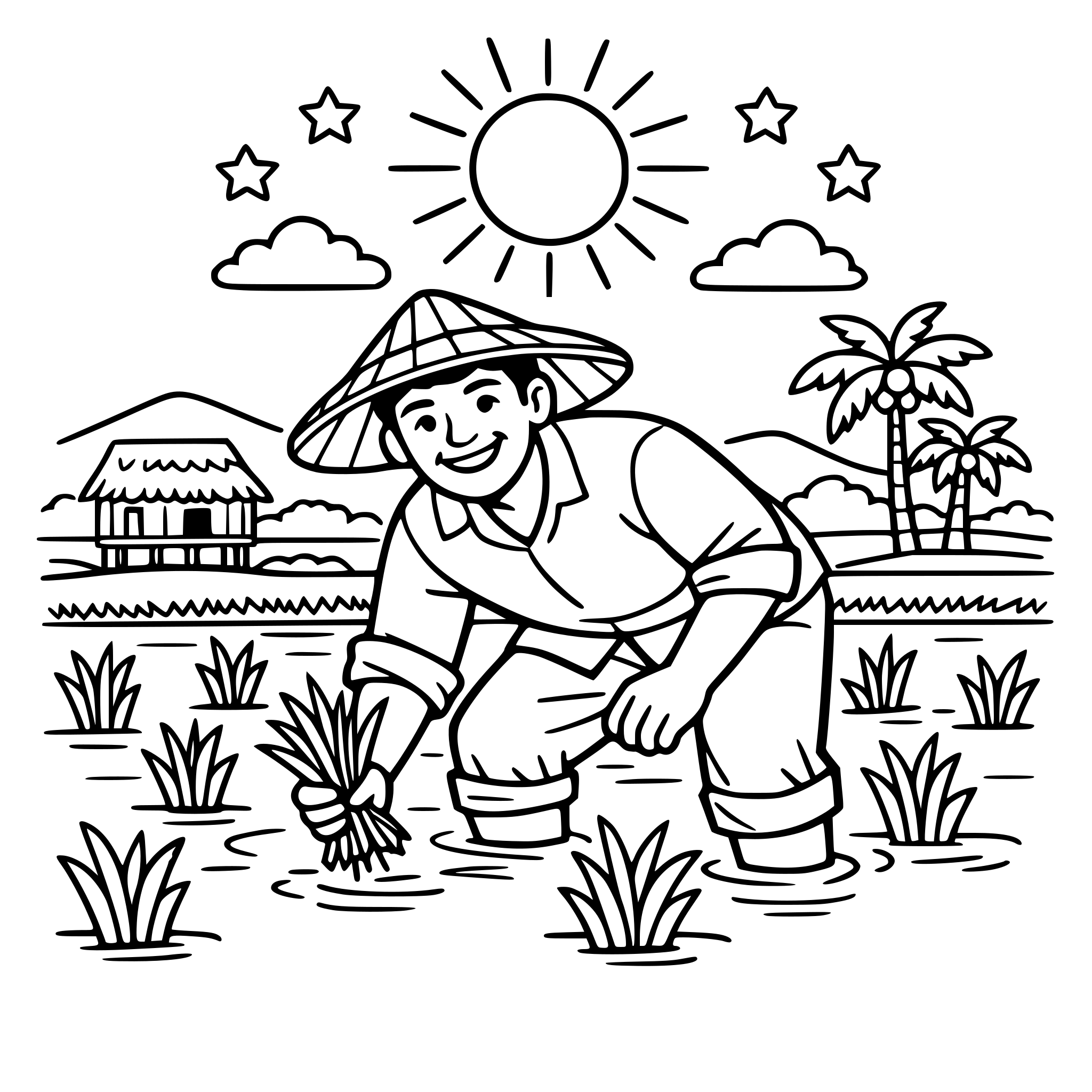 Filipino farmer working in a rice field under the sun, smiling and dedicated, rural scenery, simple and inspiring illustration