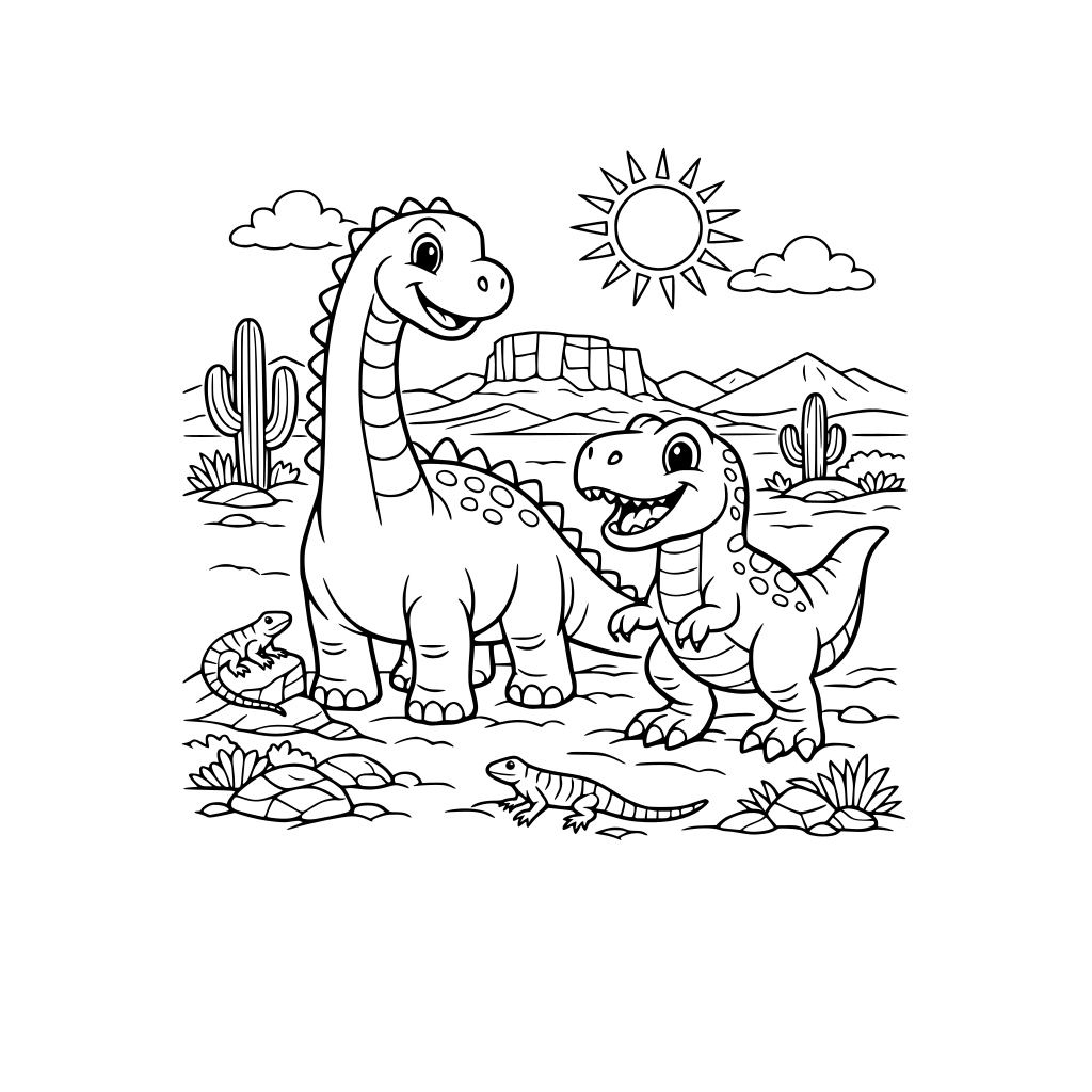 Portrait oriented coloring book page that is black and white with two friendly dinosaurs. The image is zoomed out enough to show their full bodies and tails. Background is a desert with a couple lizards. Fill the whole page with great detail to the top and bottom borders.